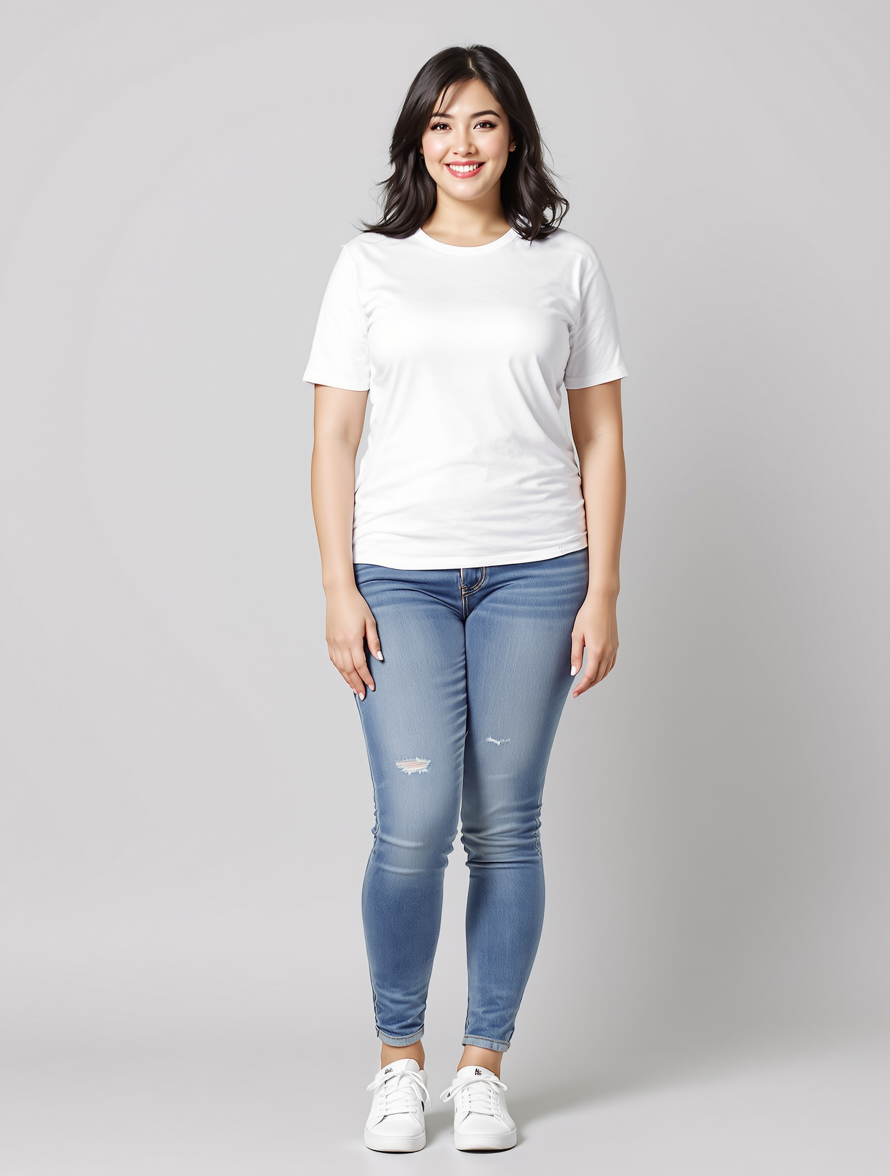 Woman in white t-shirt and distressed blue jeans smiling at camera