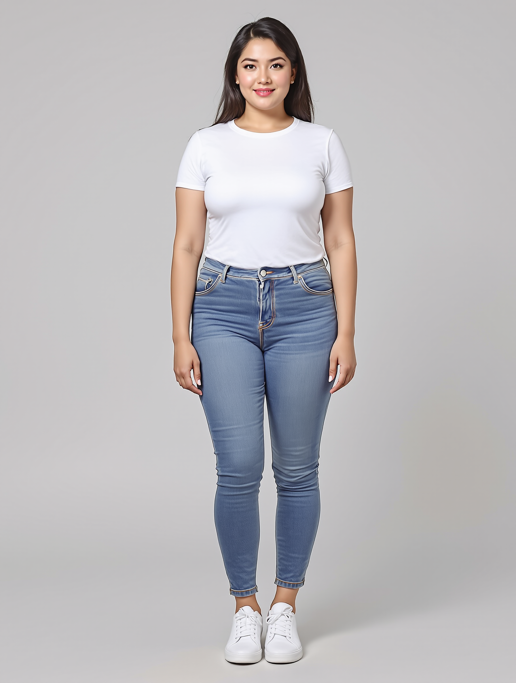 Person wearing white t-shirt and blue skinny jeans with white sneakers
