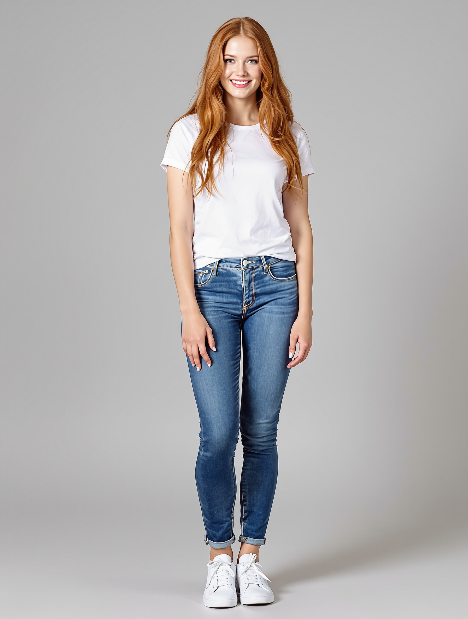 Woman with auburn wavy hair in white tee and cuffed blue jeans