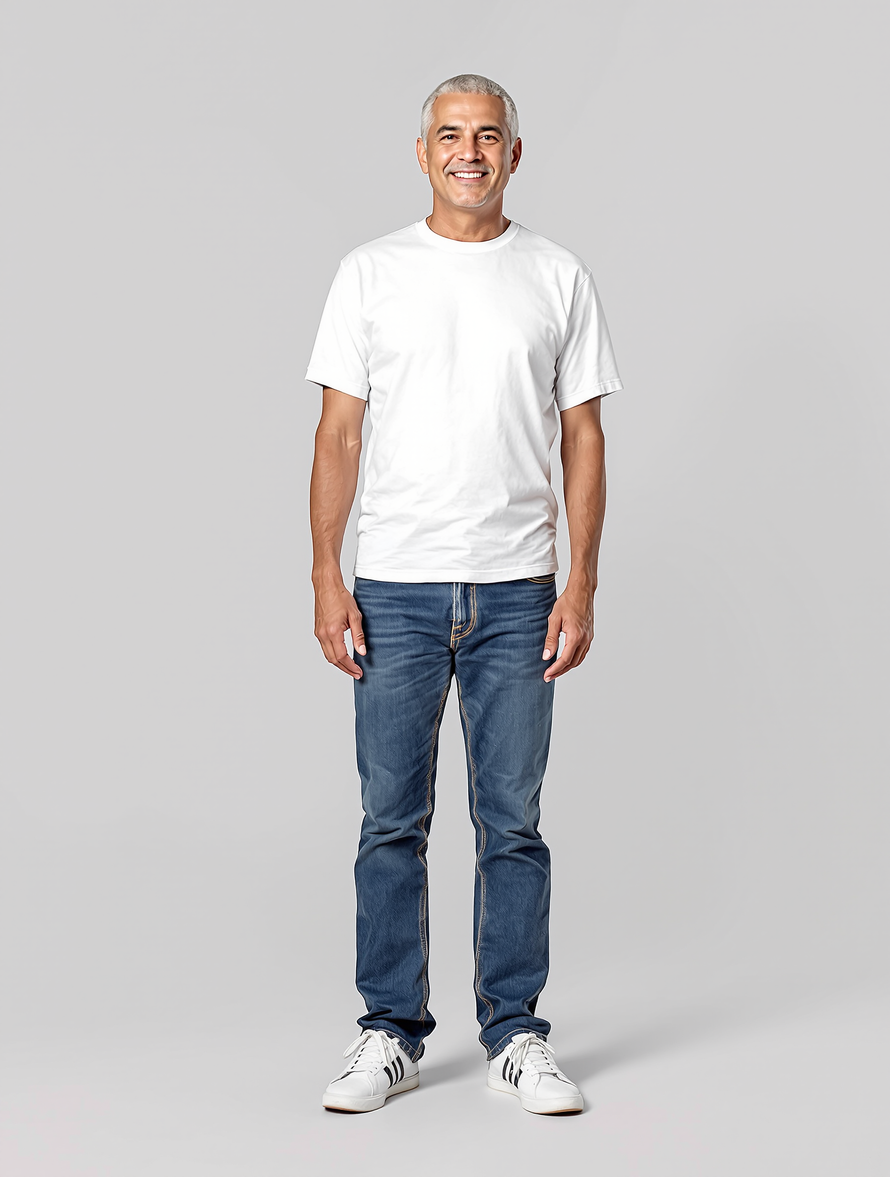 Man in white t-shirt and blue jeans smiling at camera