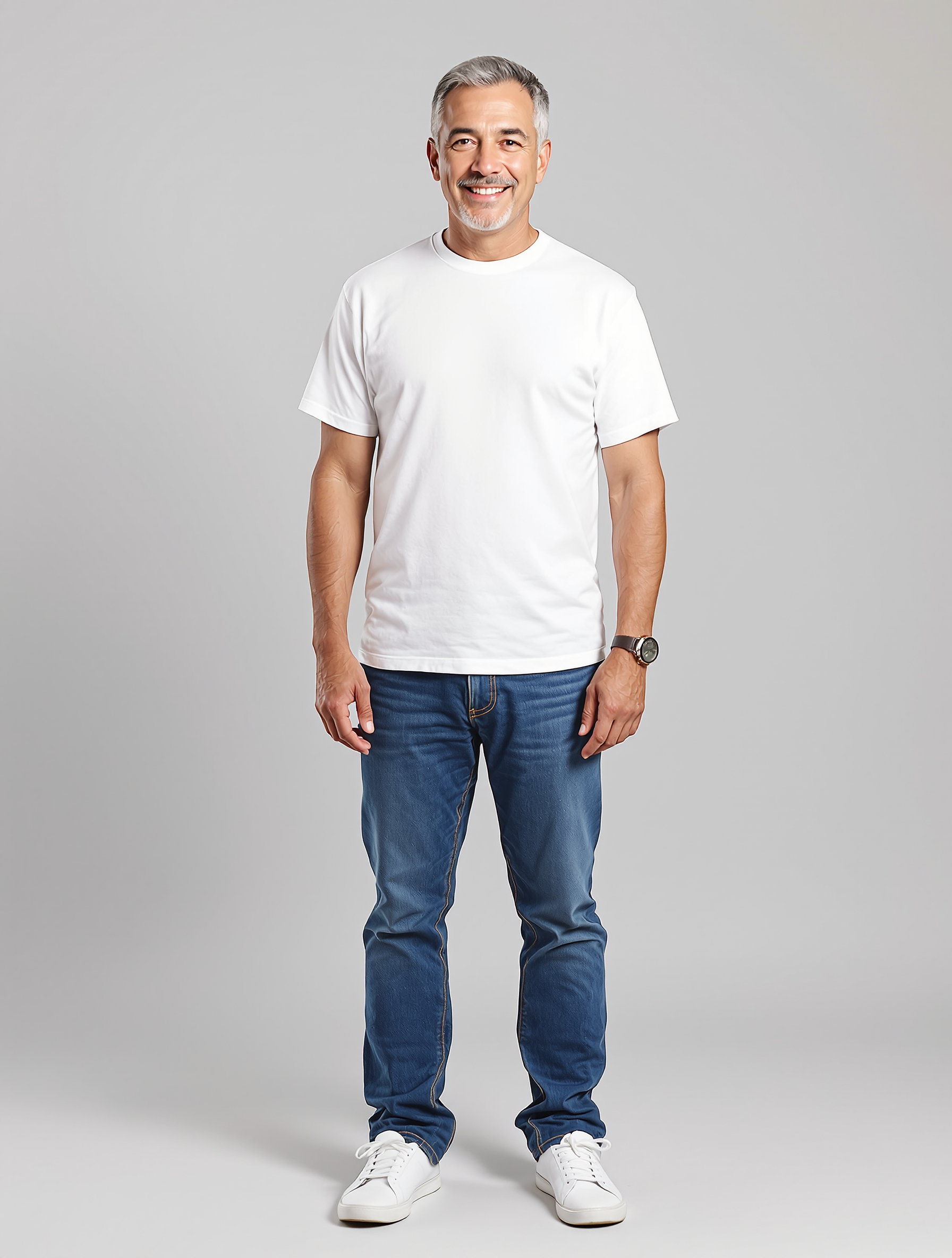Man in white t-shirt and blue jeans with casual watch