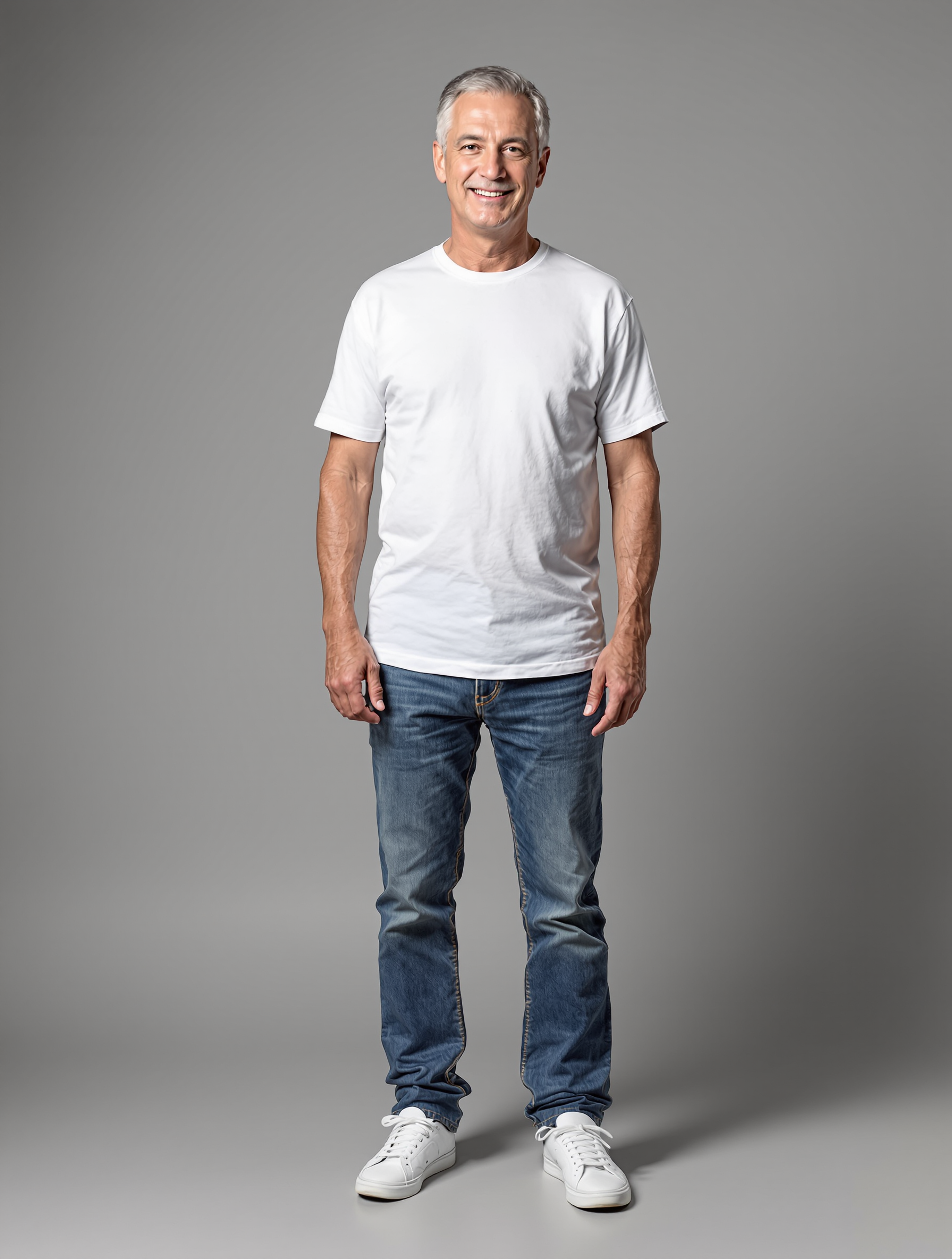 Man in white t-shirt and blue jeans smiling at camera