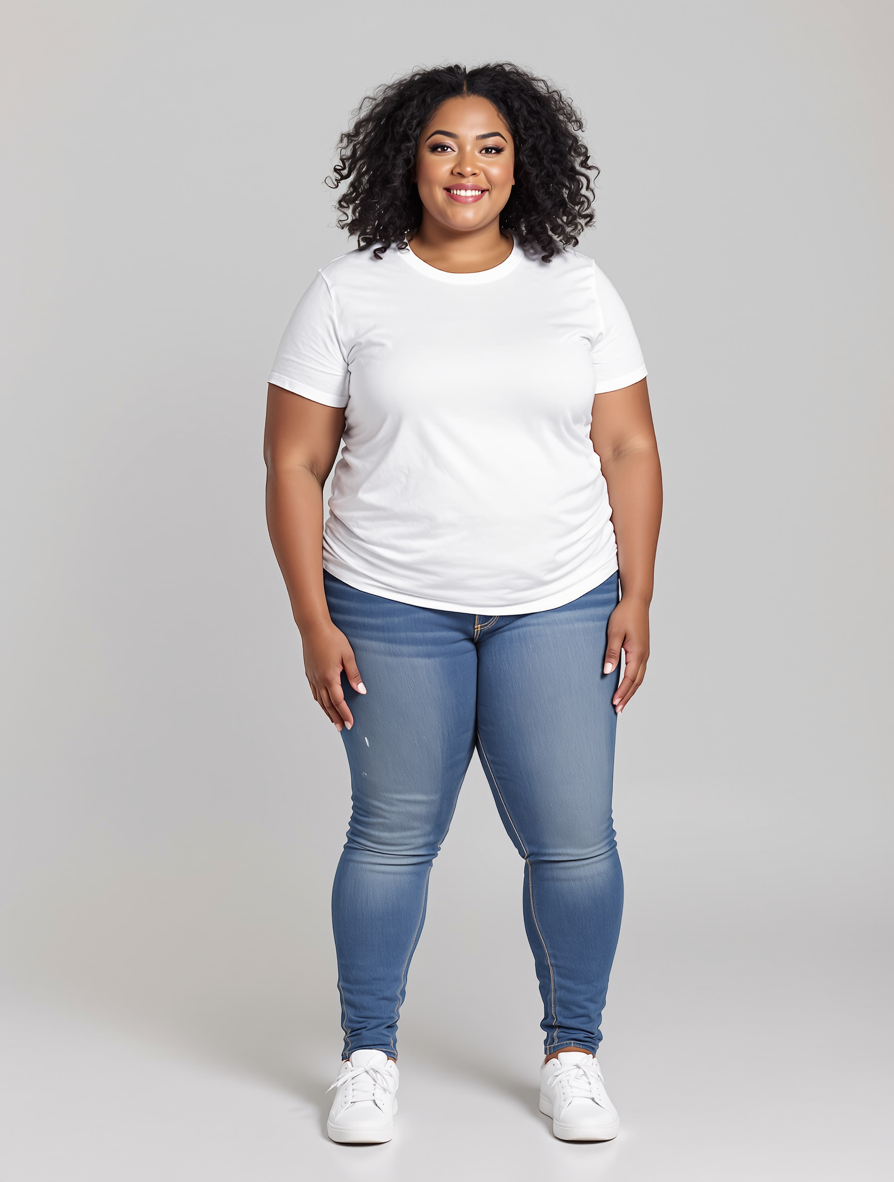 Person in white tee and blue jeans standing against neutral background