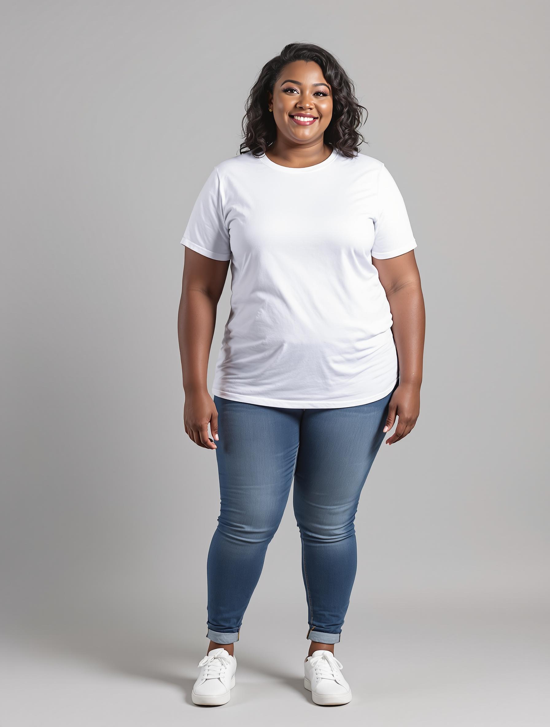 Woman in white t-shirt and cuffed blue jeans smiling at camera