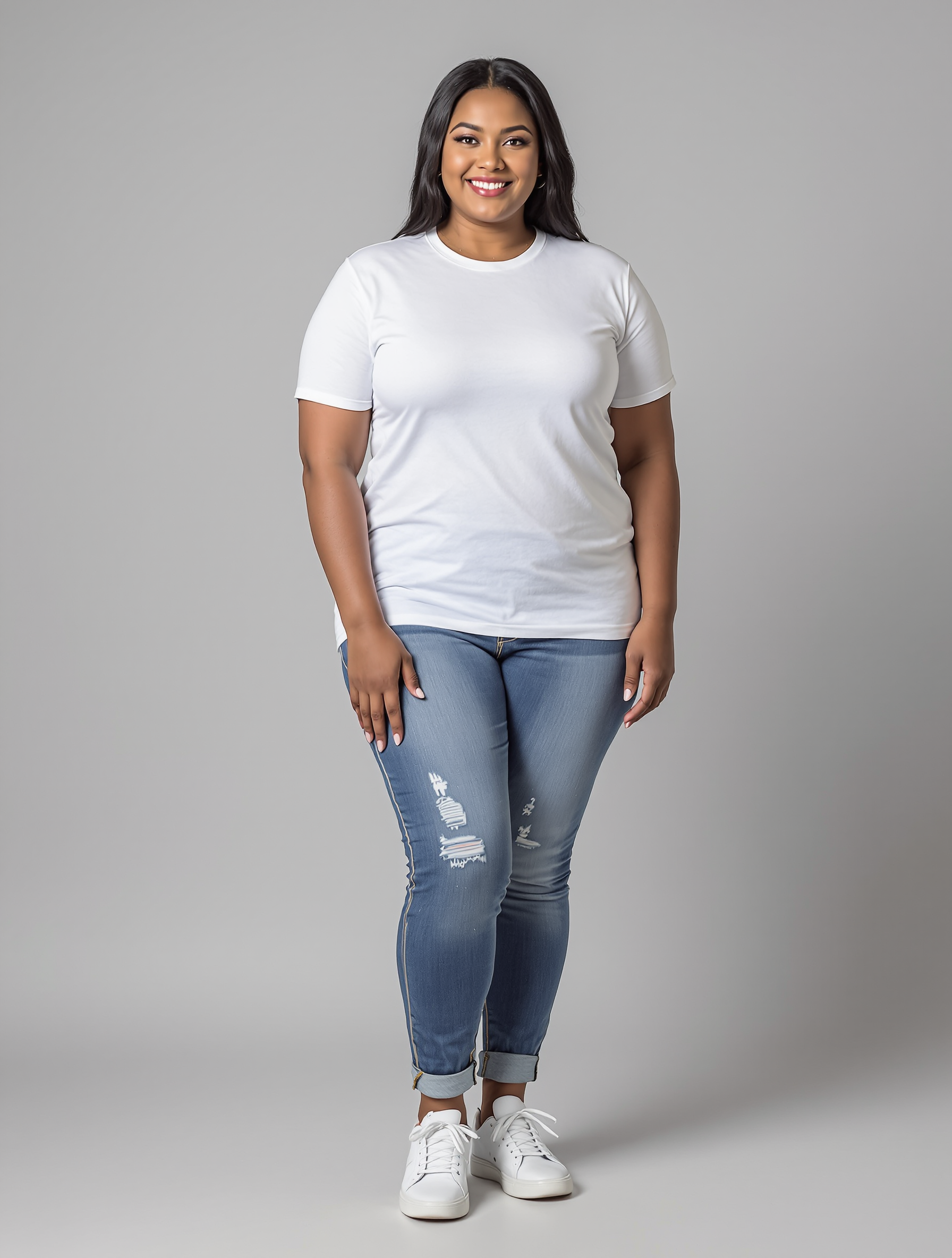 Woman in white crew neck tee and distressed blue jeans