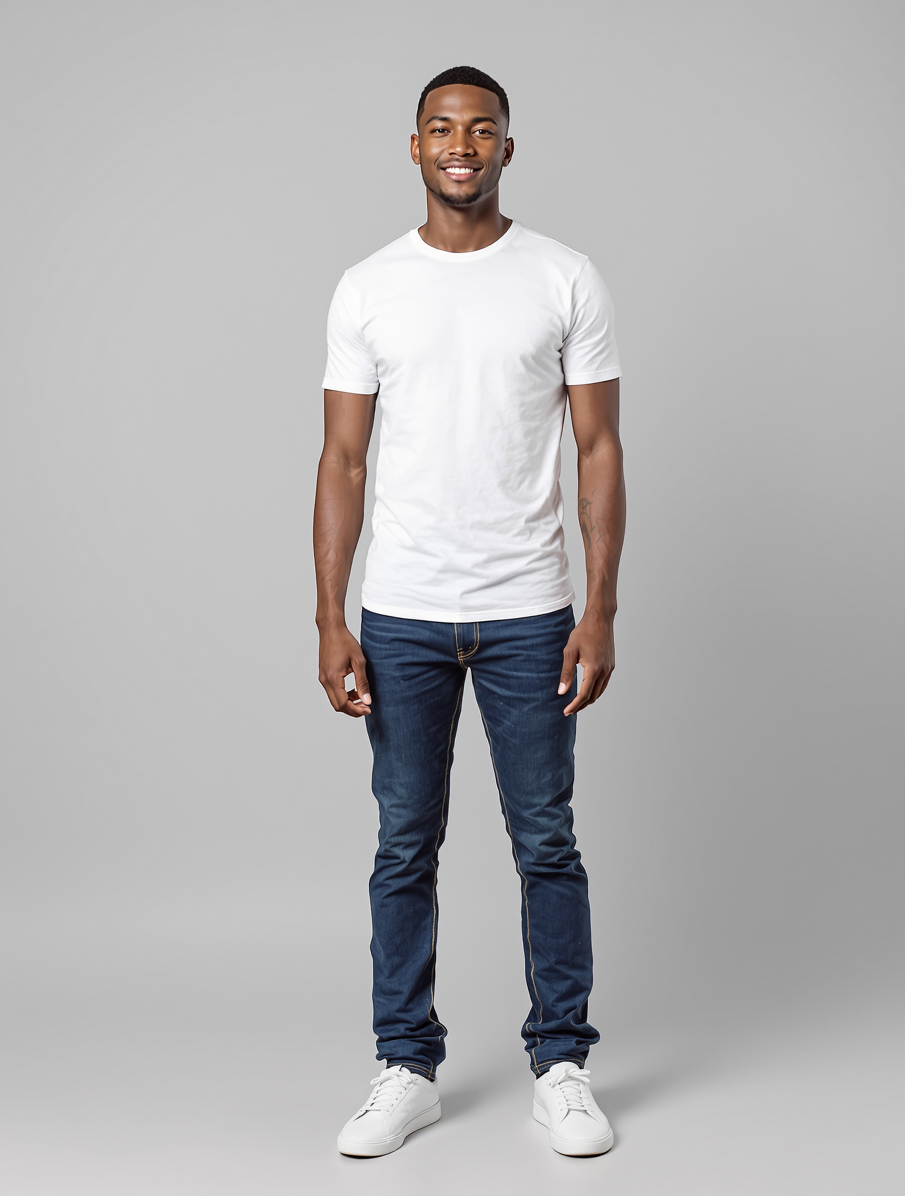 Man in white t-shirt and dark jeans smiling at camera