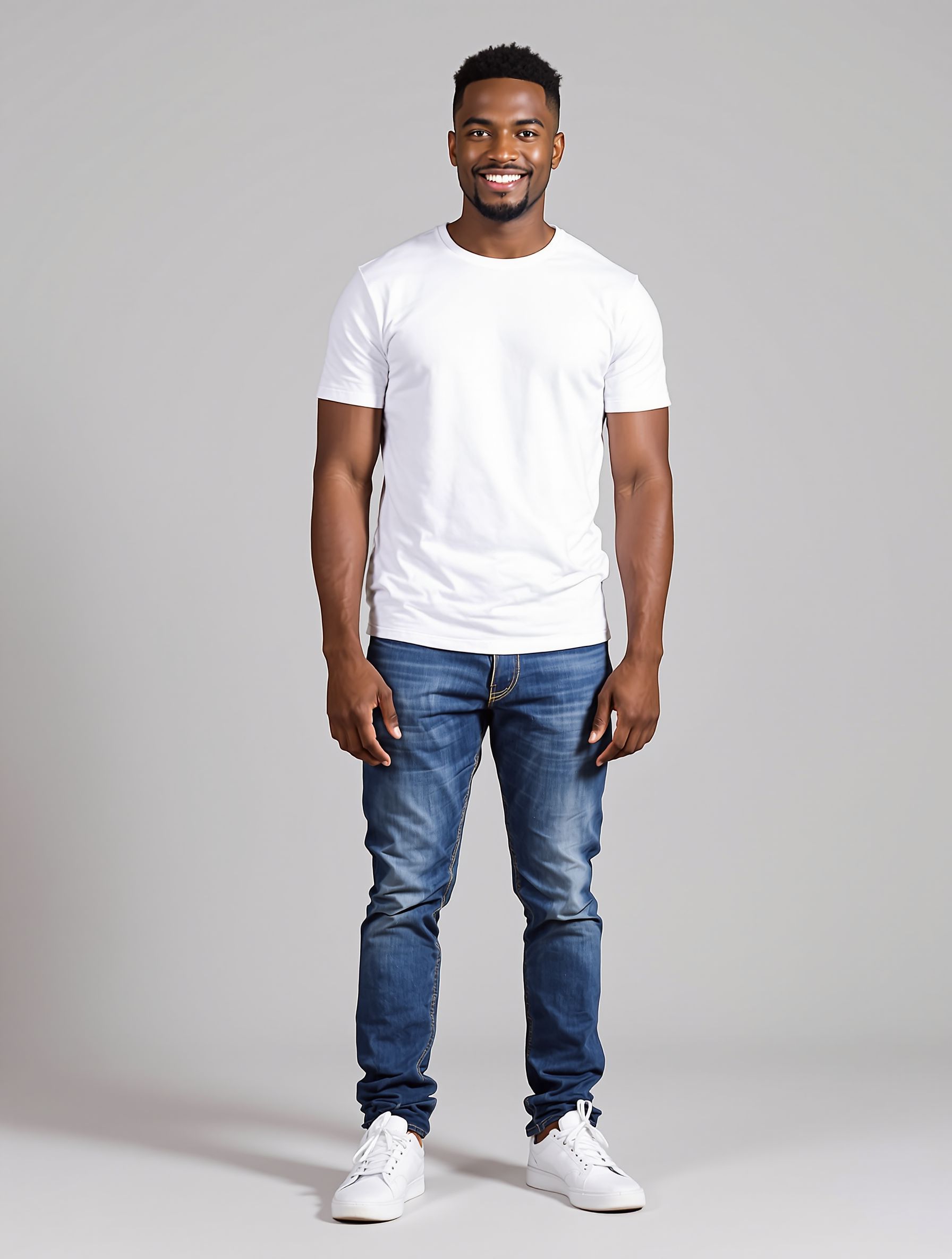 Man in white t-shirt and blue jeans standing against gray background