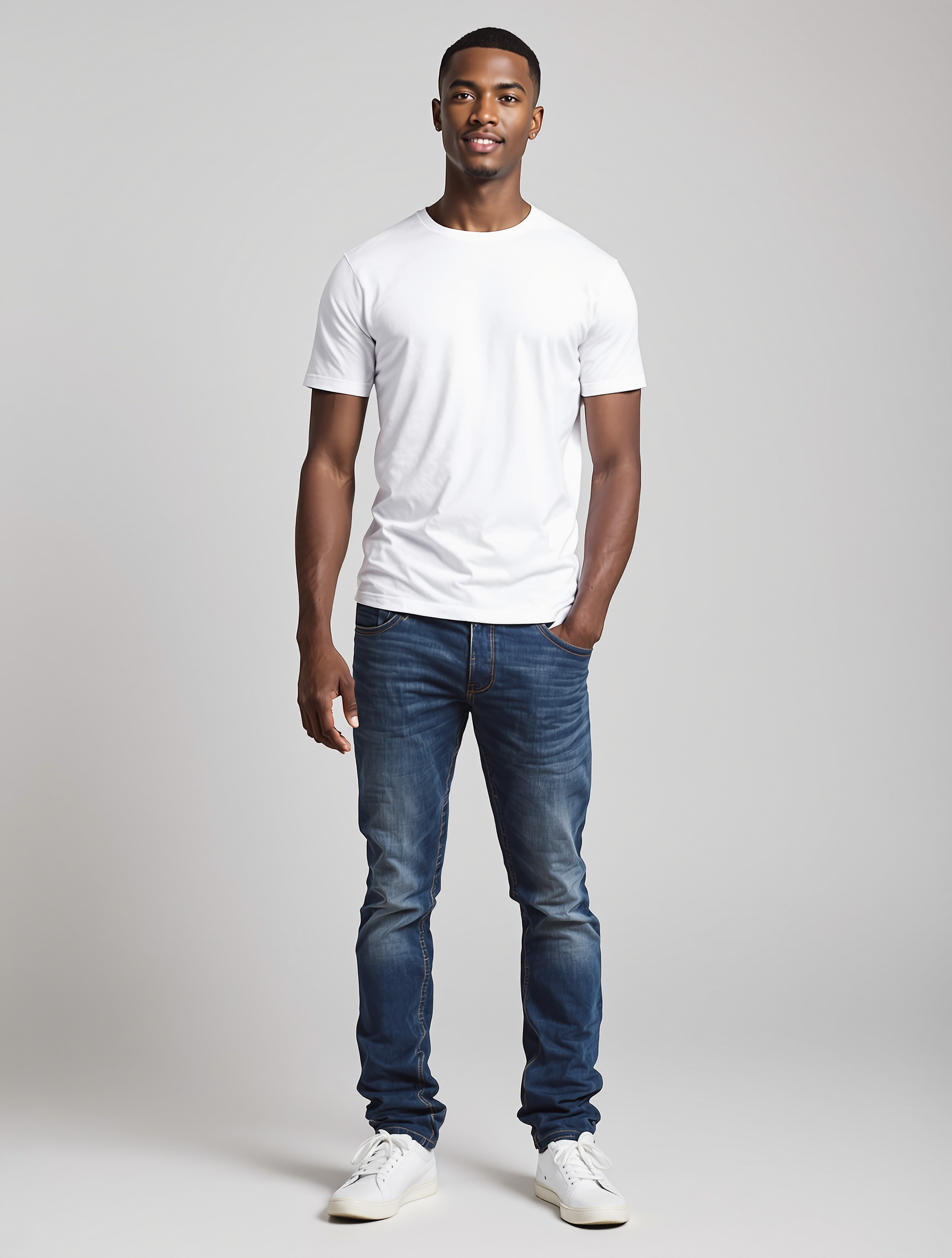 Man in white t-shirt and dark blue jeans with white sneakers