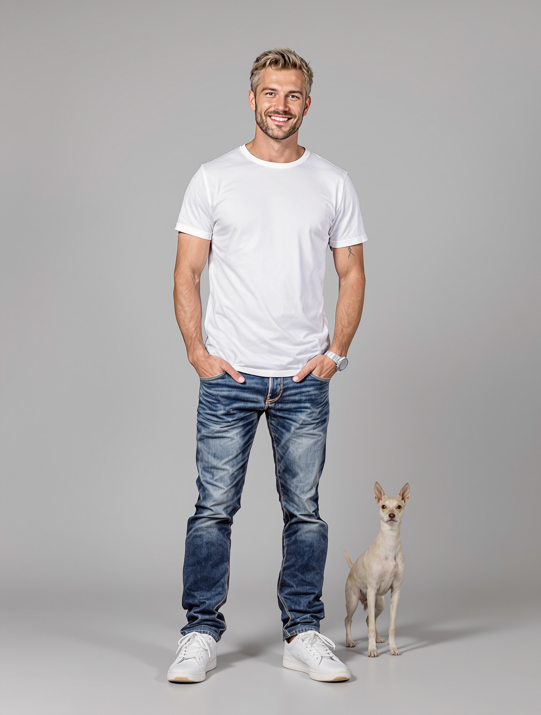 Man in white t-shirt and jeans standing with small tan dog