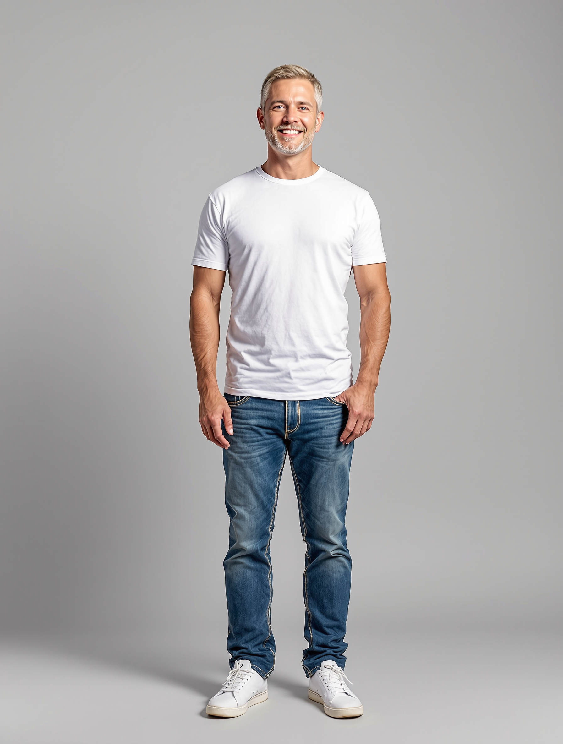Man in white t-shirt and blue jeans standing against gray background