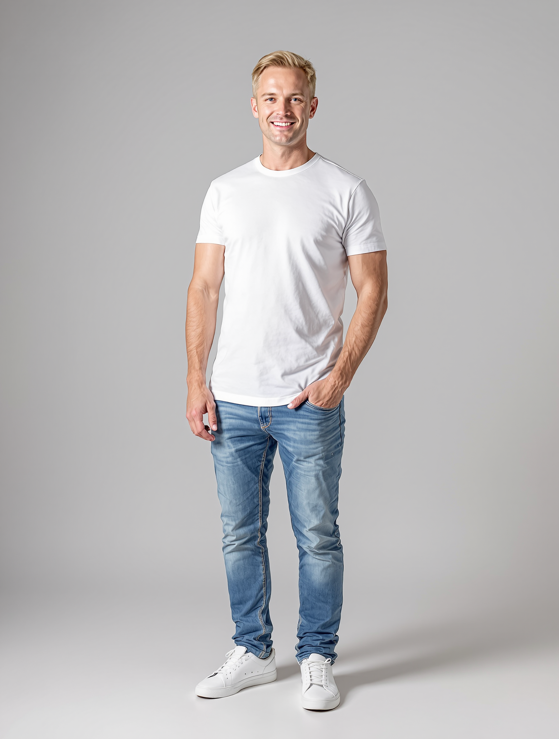 Blonde man in white tee and blue jeans smiling at camera
