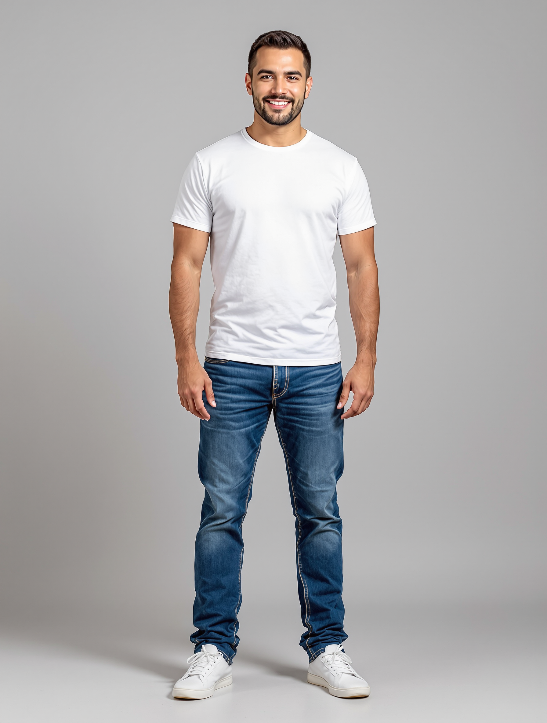 Man in white t-shirt and dark blue jeans smiling at camera