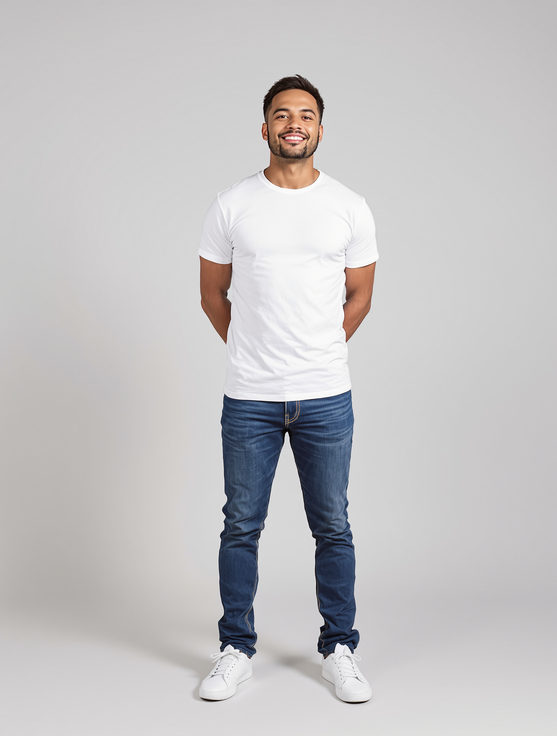 Man in white t-shirt and dark jeans with white sneakers