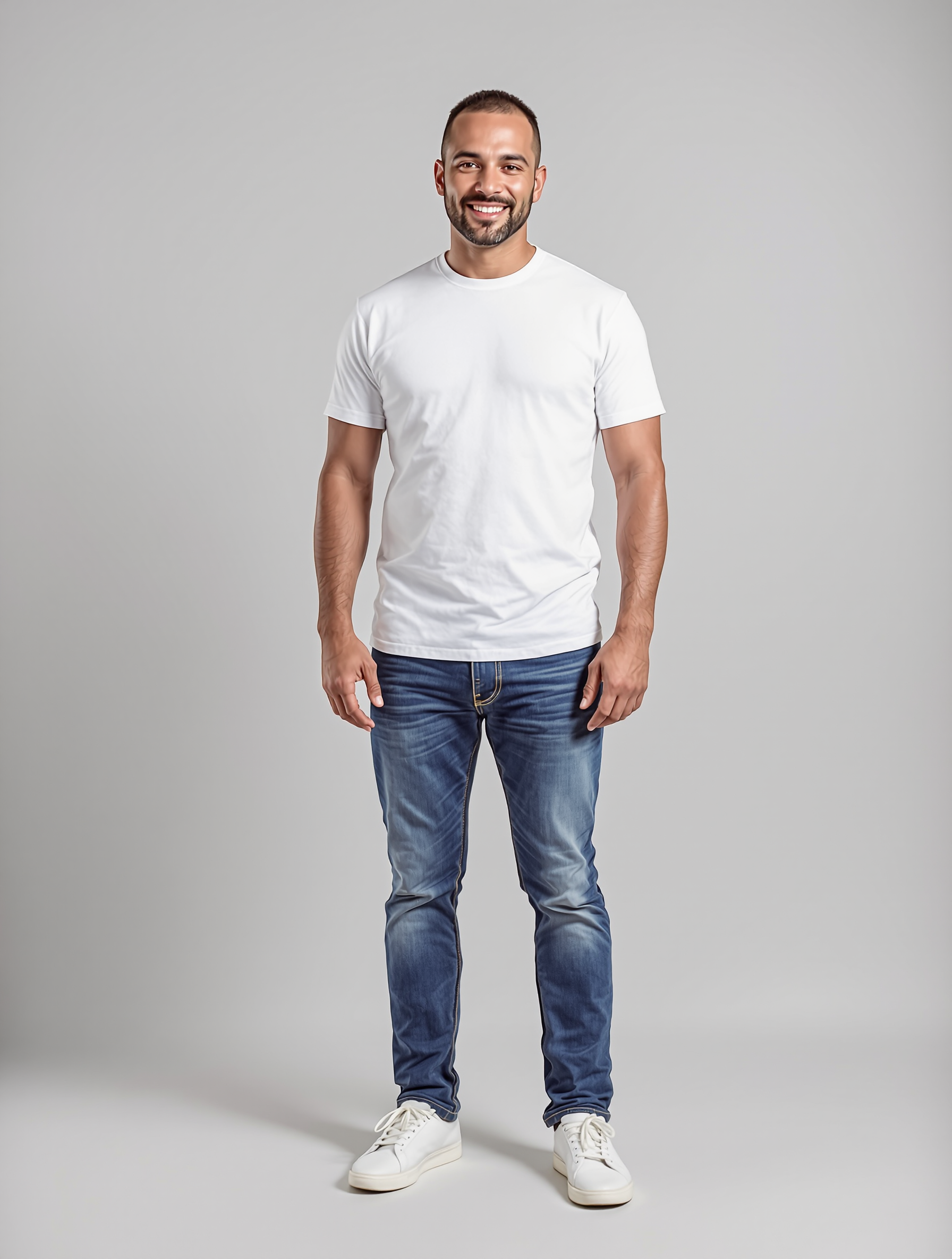 Man in white t-shirt and dark jeans smiling at camera