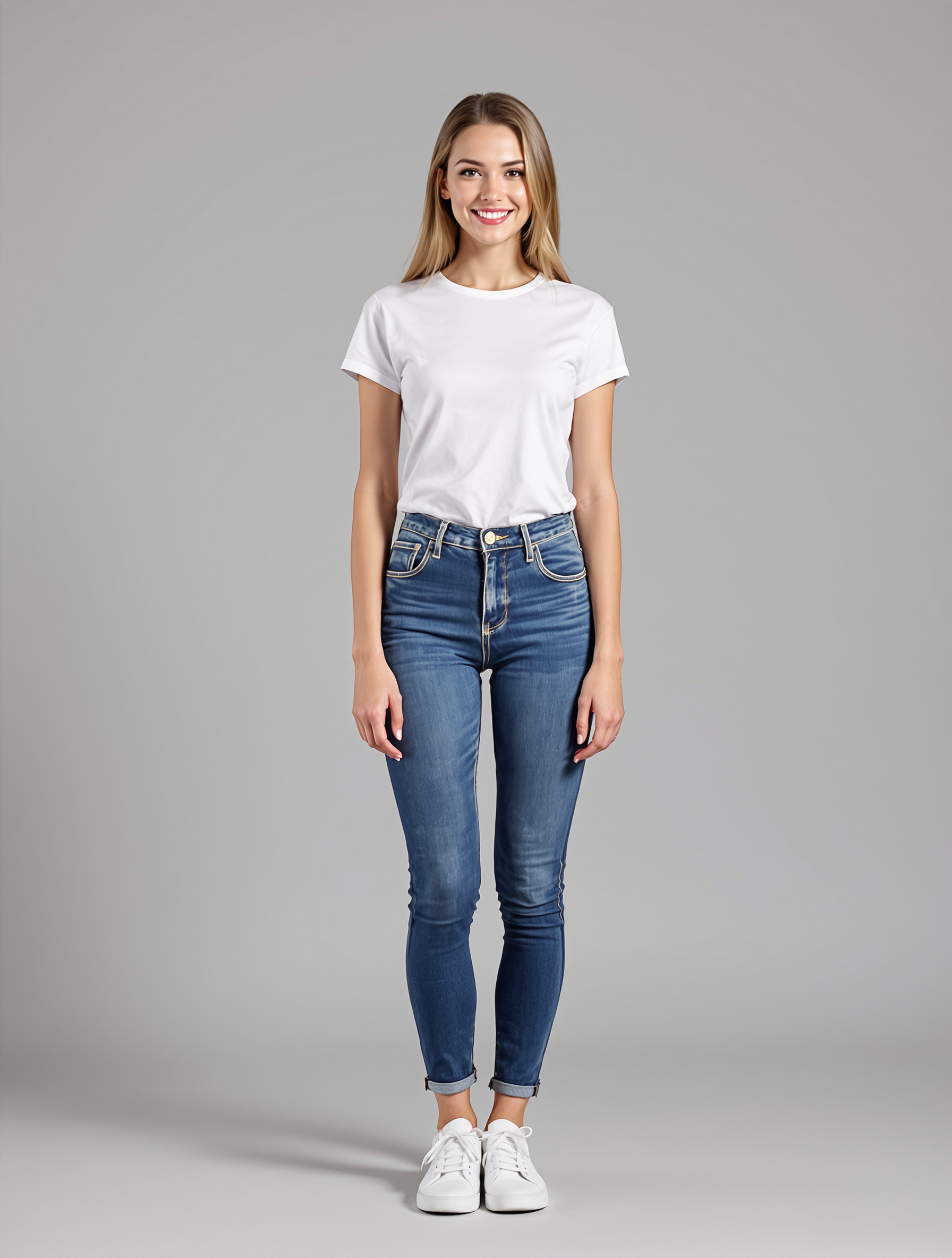 Woman in white t-shirt and rolled cuff blue jeans