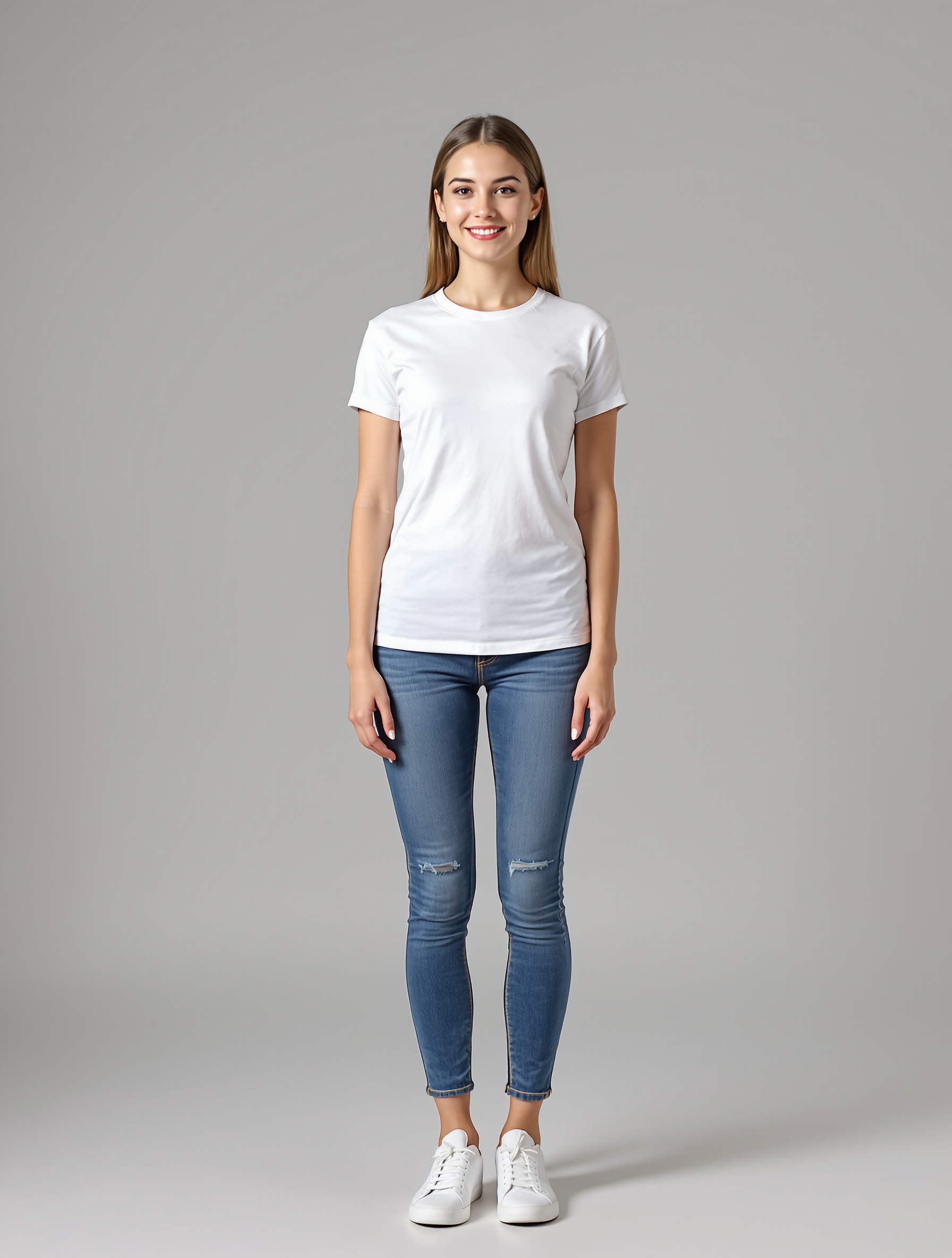 Woman in white t-shirt and distressed blue jeans standing against gray background