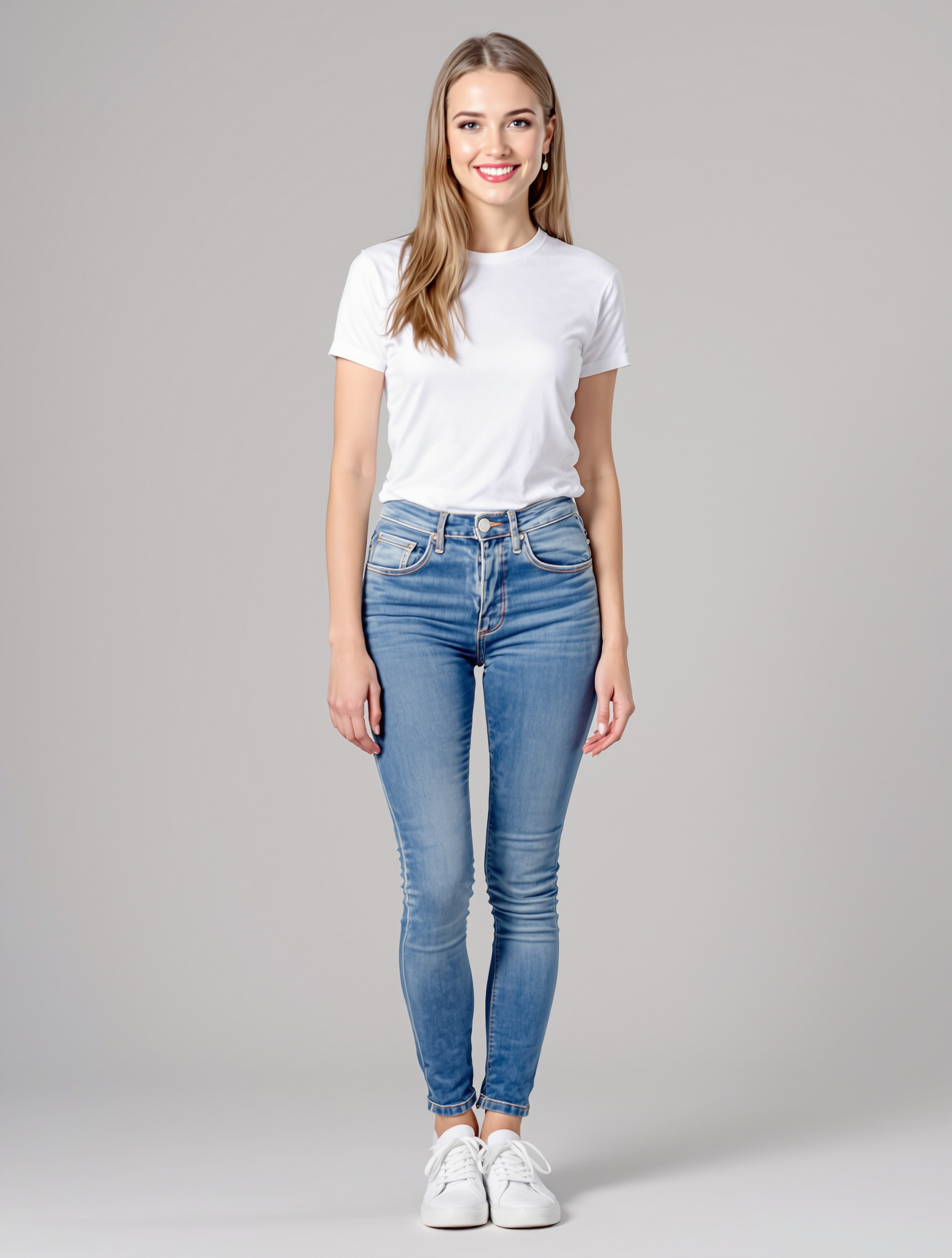 Woman in white t-shirt and blue skinny jeans with white sneakers