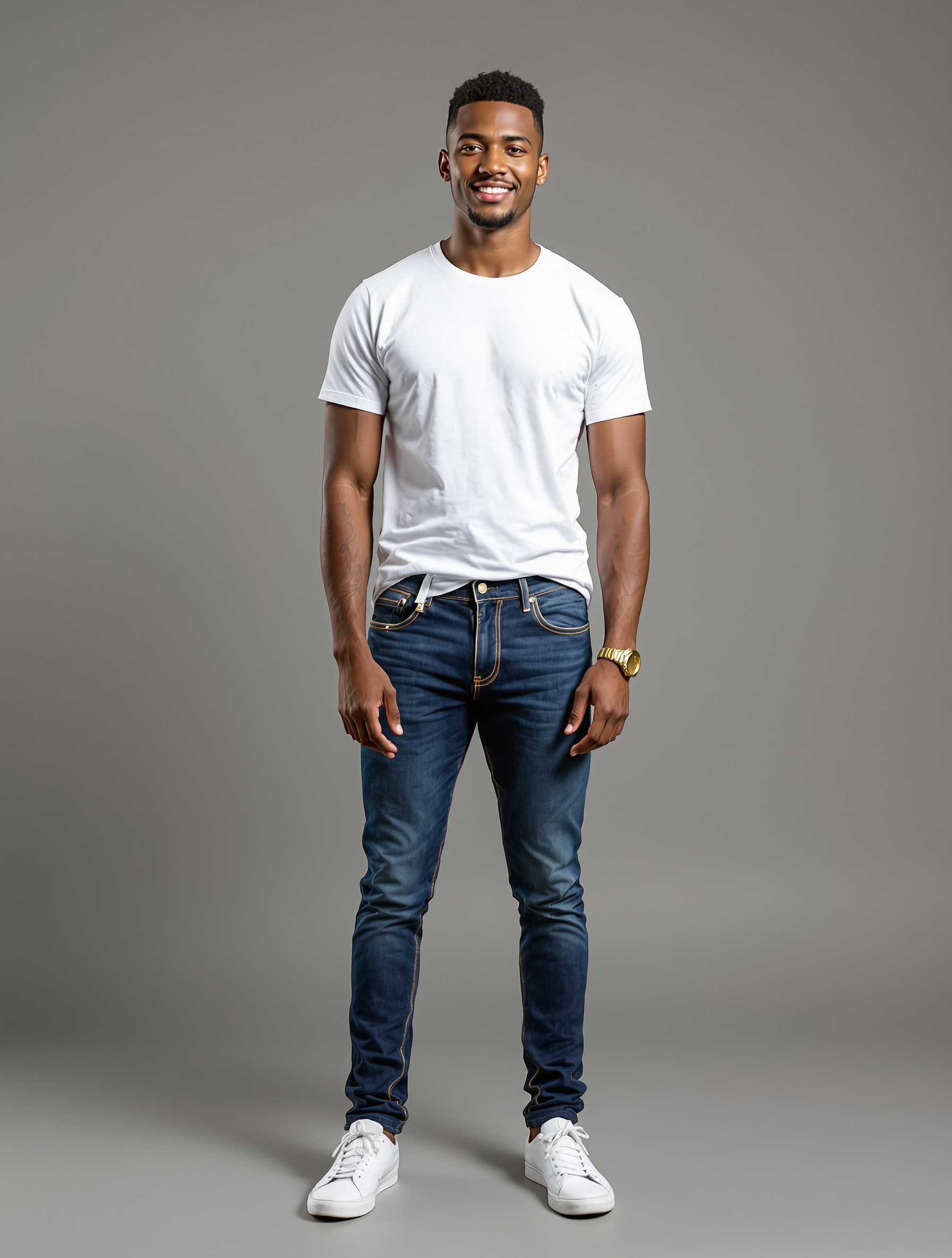 Man in white t-shirt and dark jeans with white sneakers