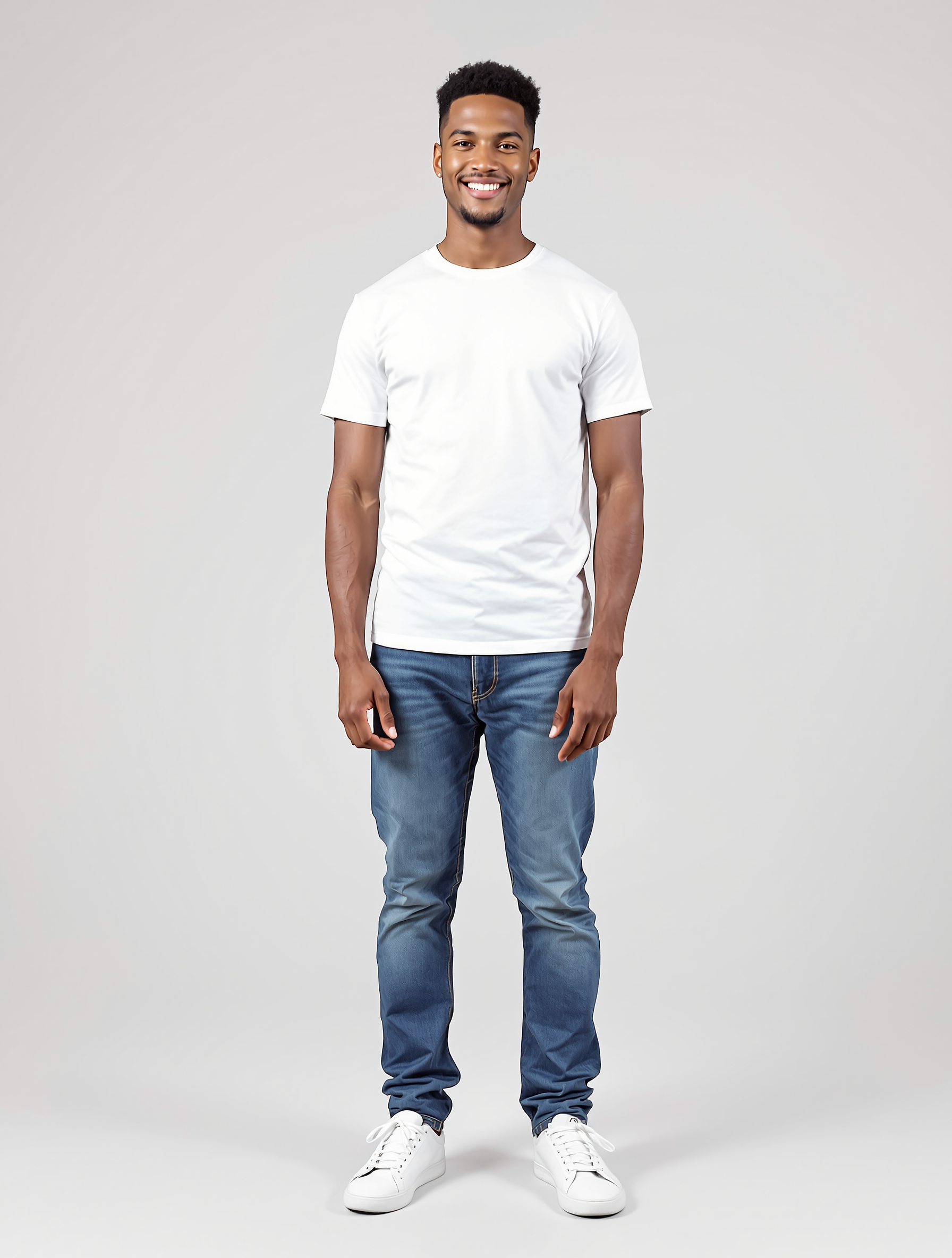 Man in white t-shirt and blue jeans smiling at camera