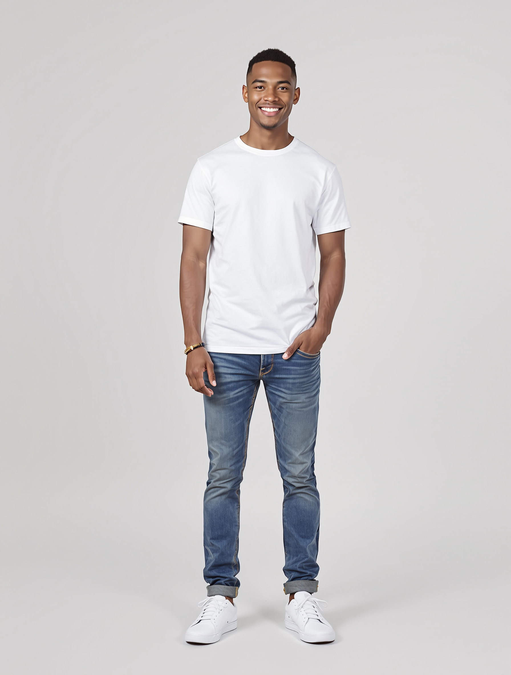 Man in white t-shirt and blue jeans with rolled cuffs
