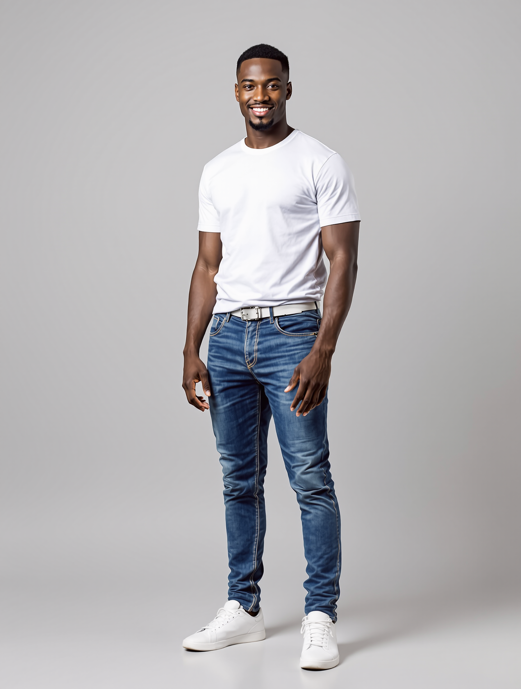 Man in white t-shirt and blue jeans with white sneakers