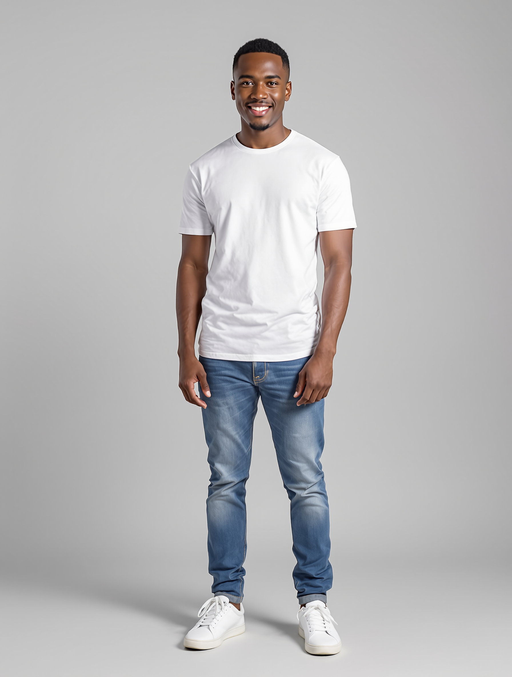 Man in white t-shirt and blue jeans smiling at camera