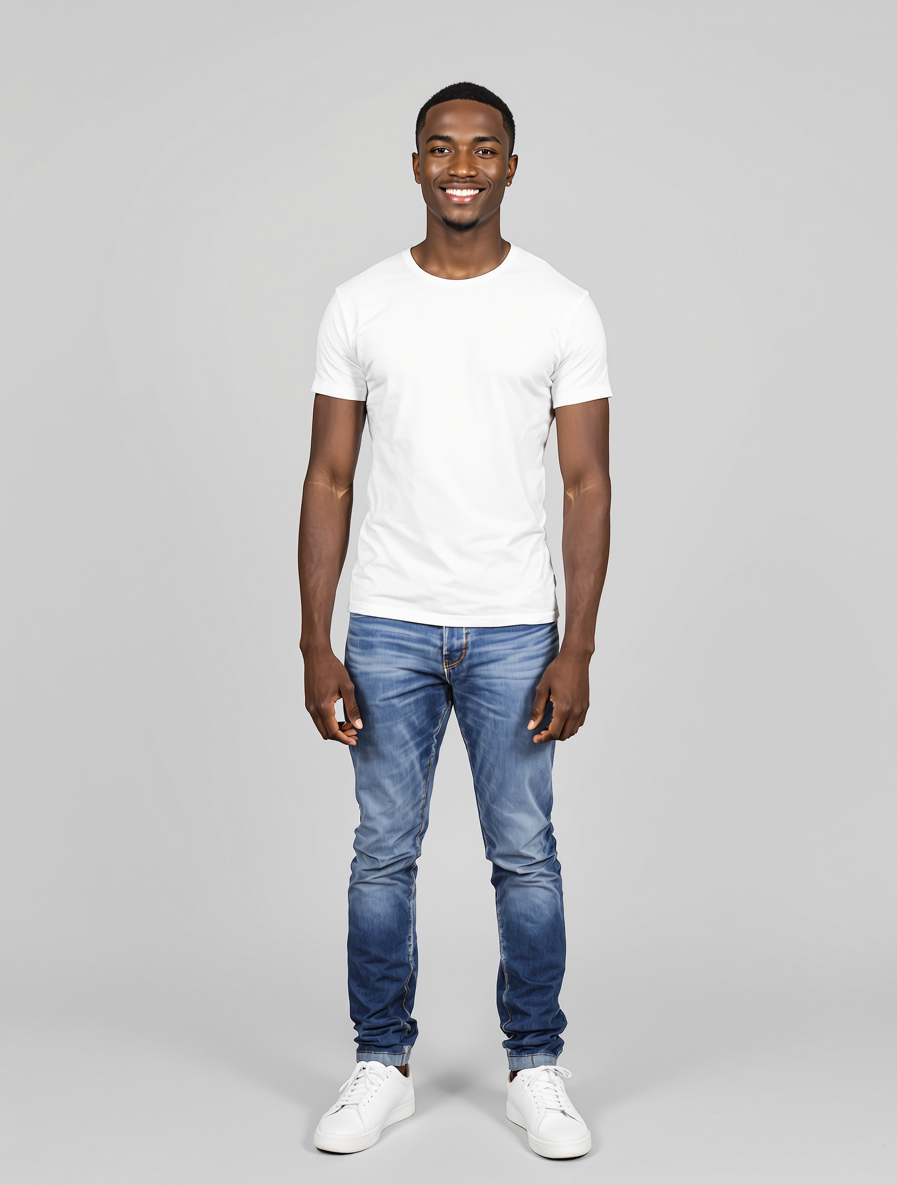 Man in white tee and blue jeans standing against neutral background