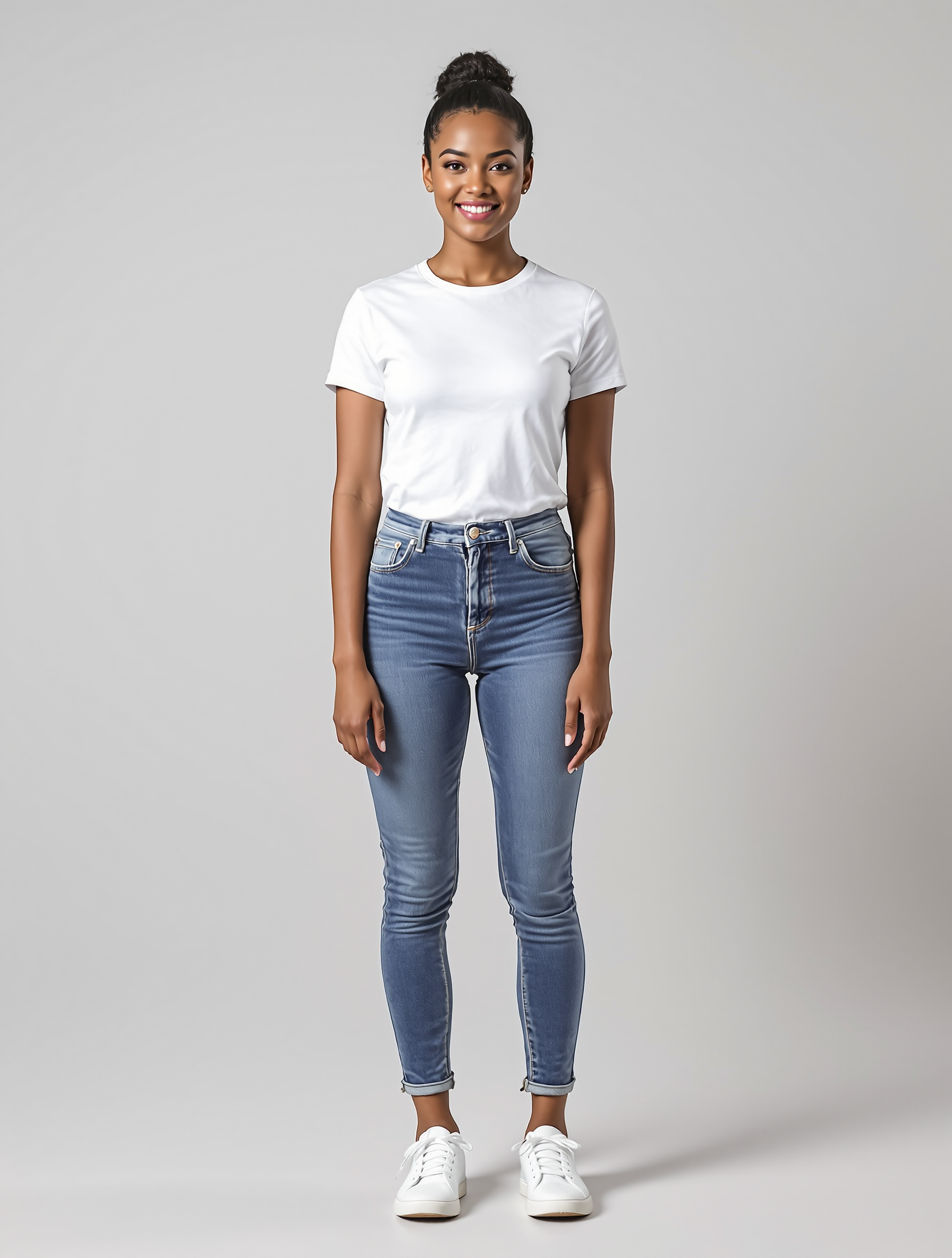 Person in white t-shirt and blue skinny jeans standing against gray background