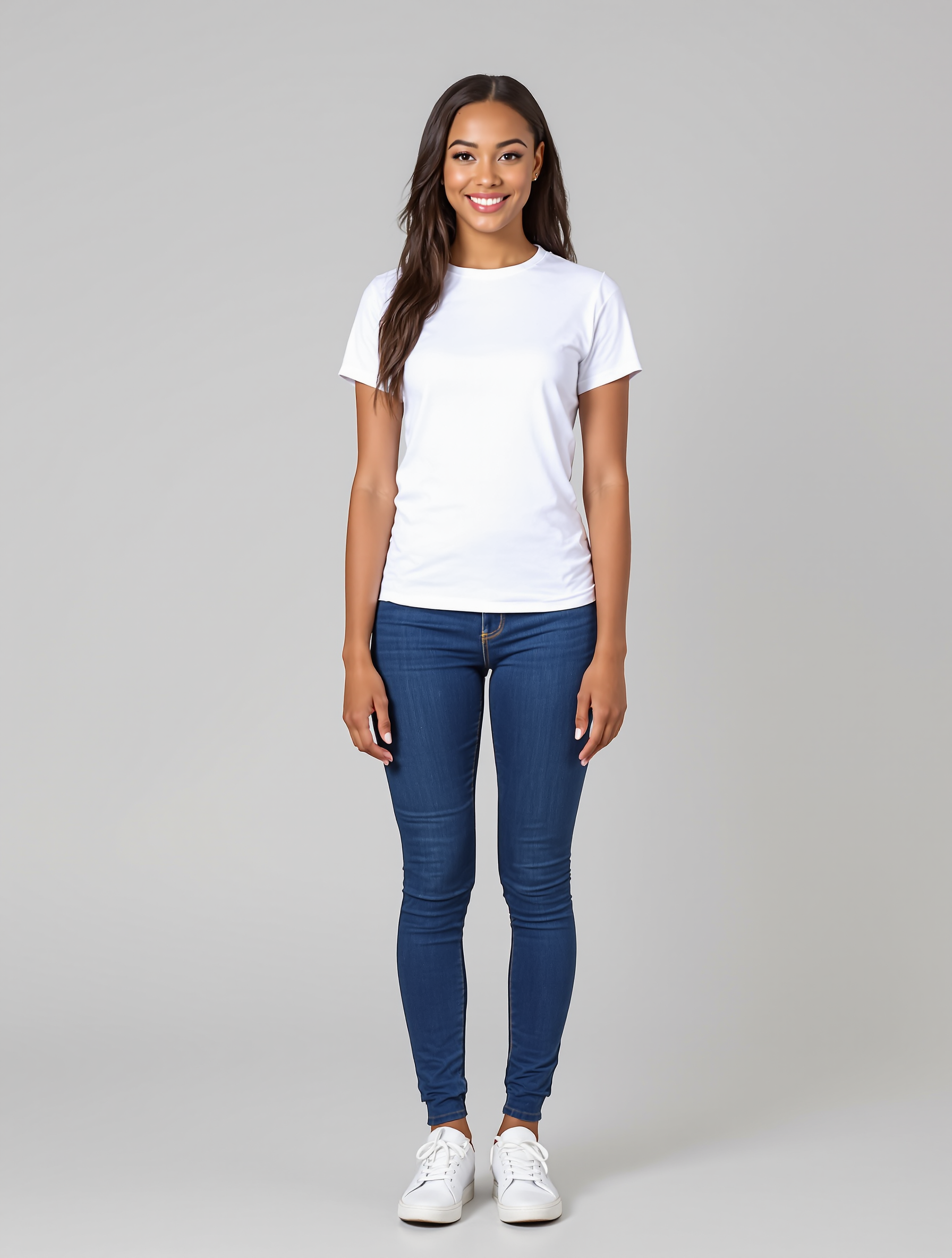Person wearing white t-shirt and dark blue jeans with white sneakers