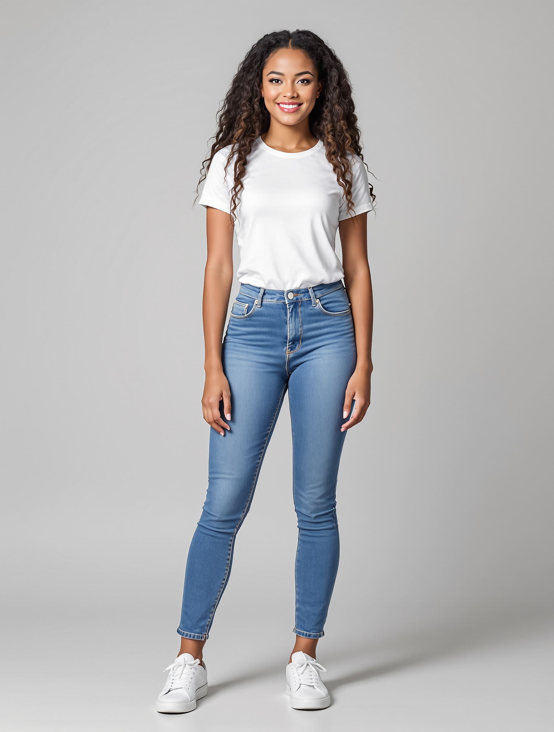 Woman in white t-shirt and blue jeans with white sneakers