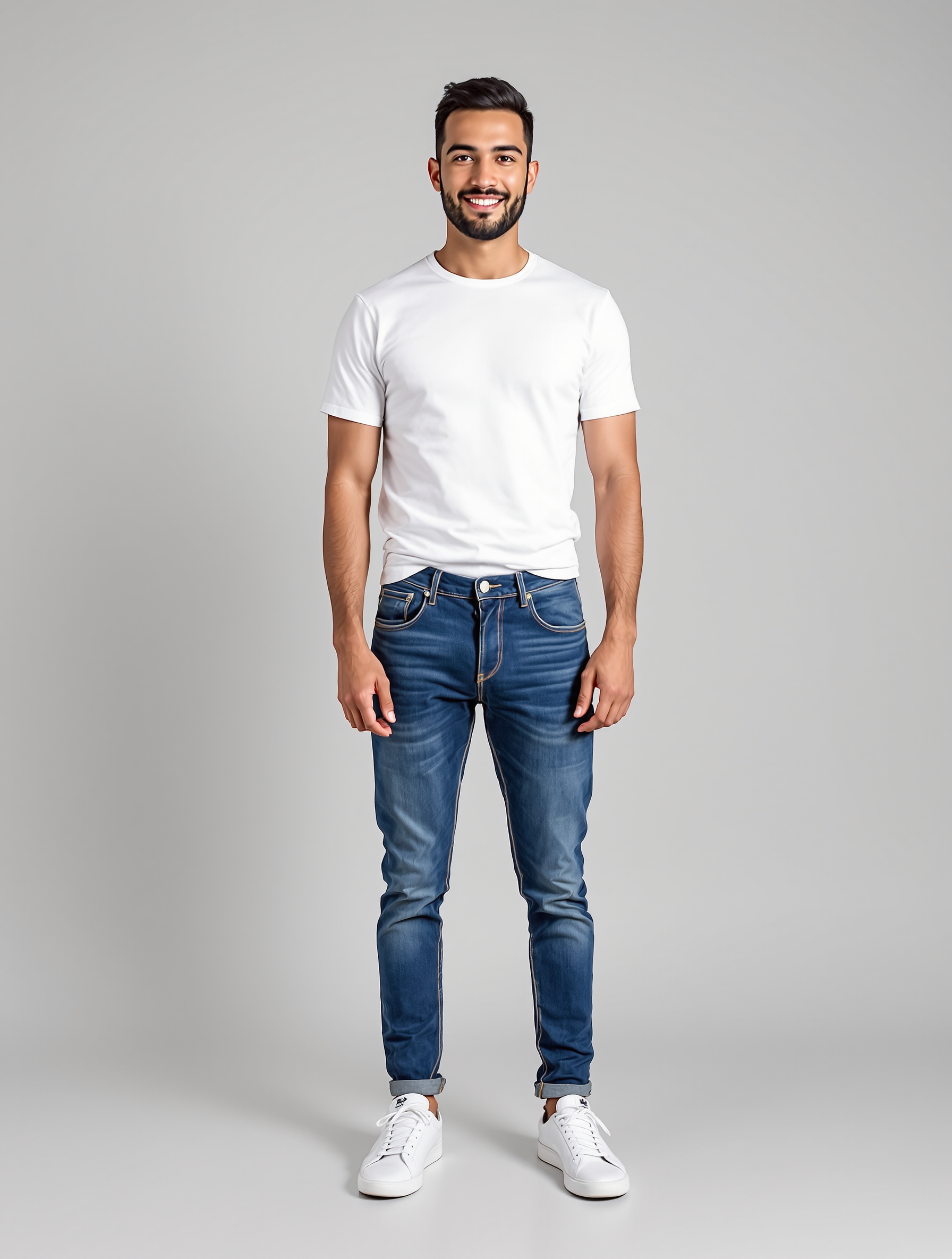 Man in white t-shirt and blue jeans with white sneakers