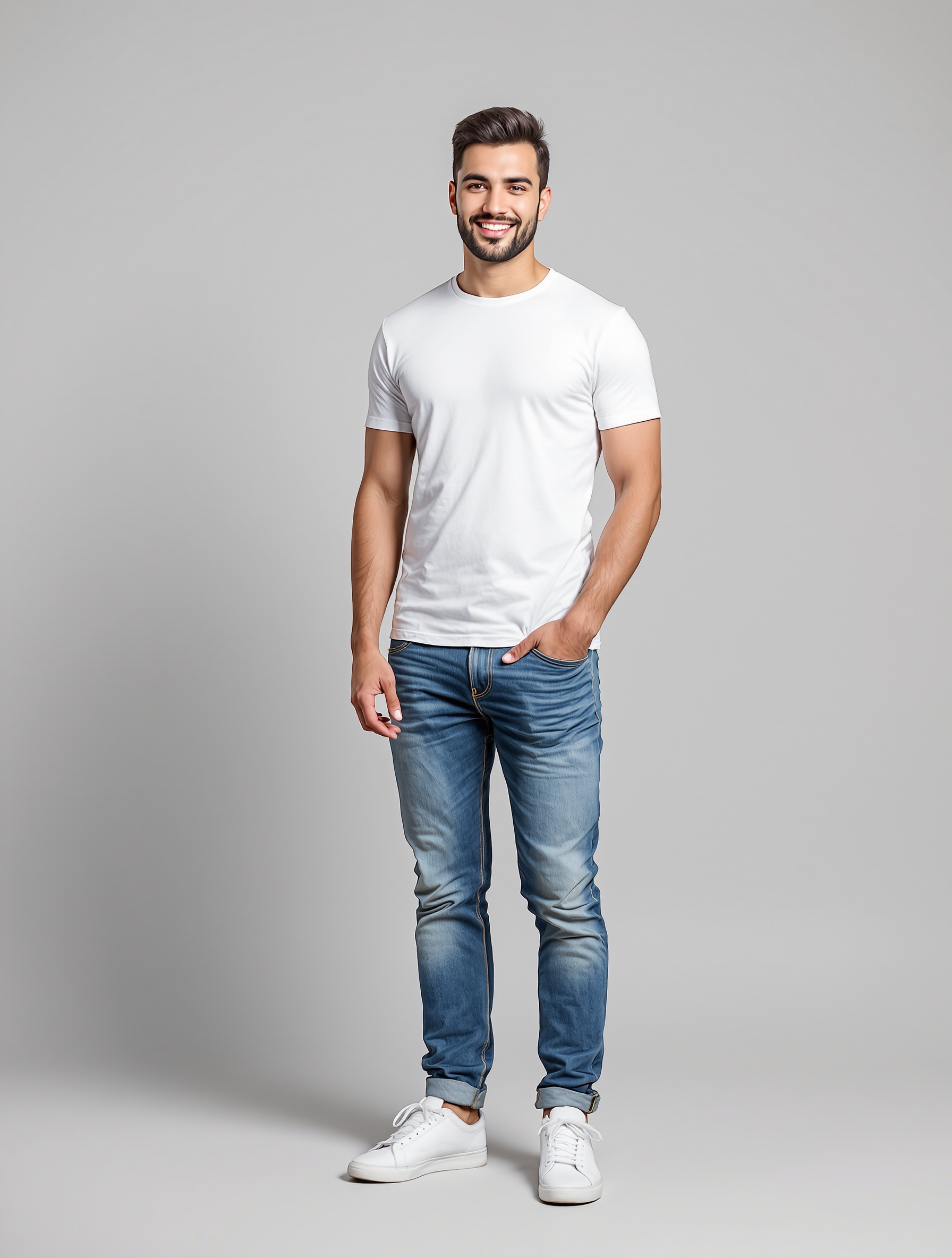Man in white t-shirt and rolled blue jeans with white sneakers