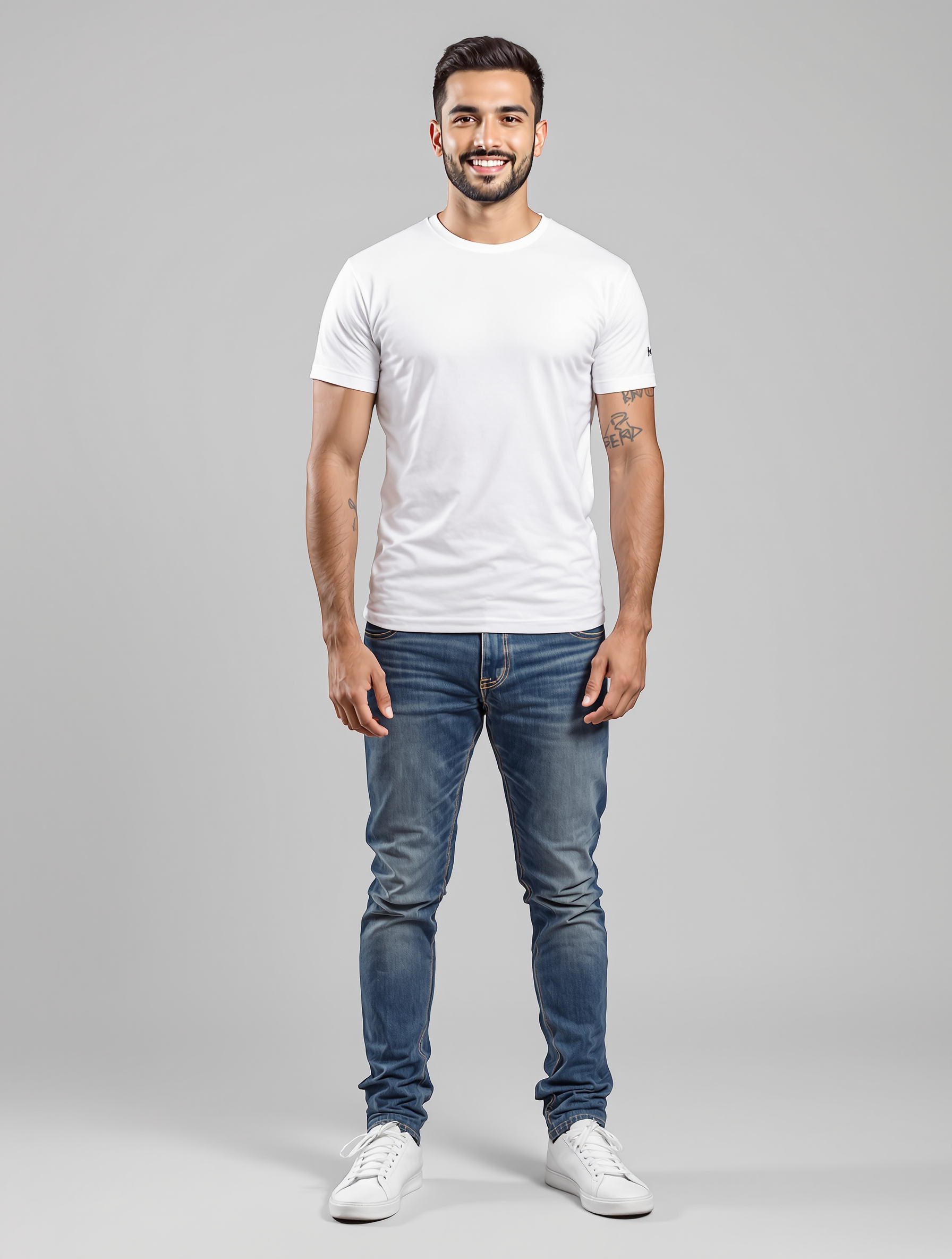 Man in white t-shirt and blue jeans with white sneakers