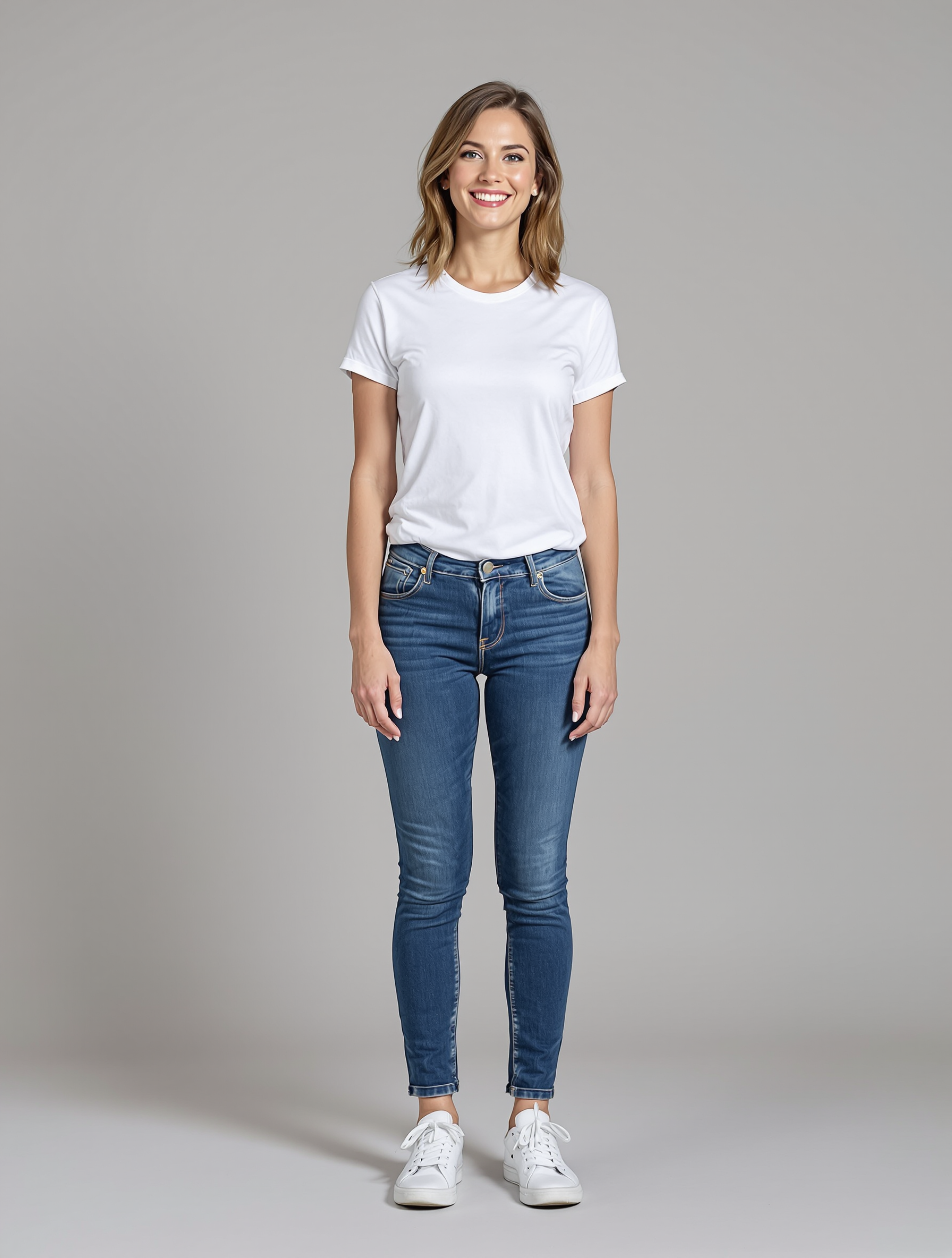 Woman in white t-shirt and blue jeans standing against gray background