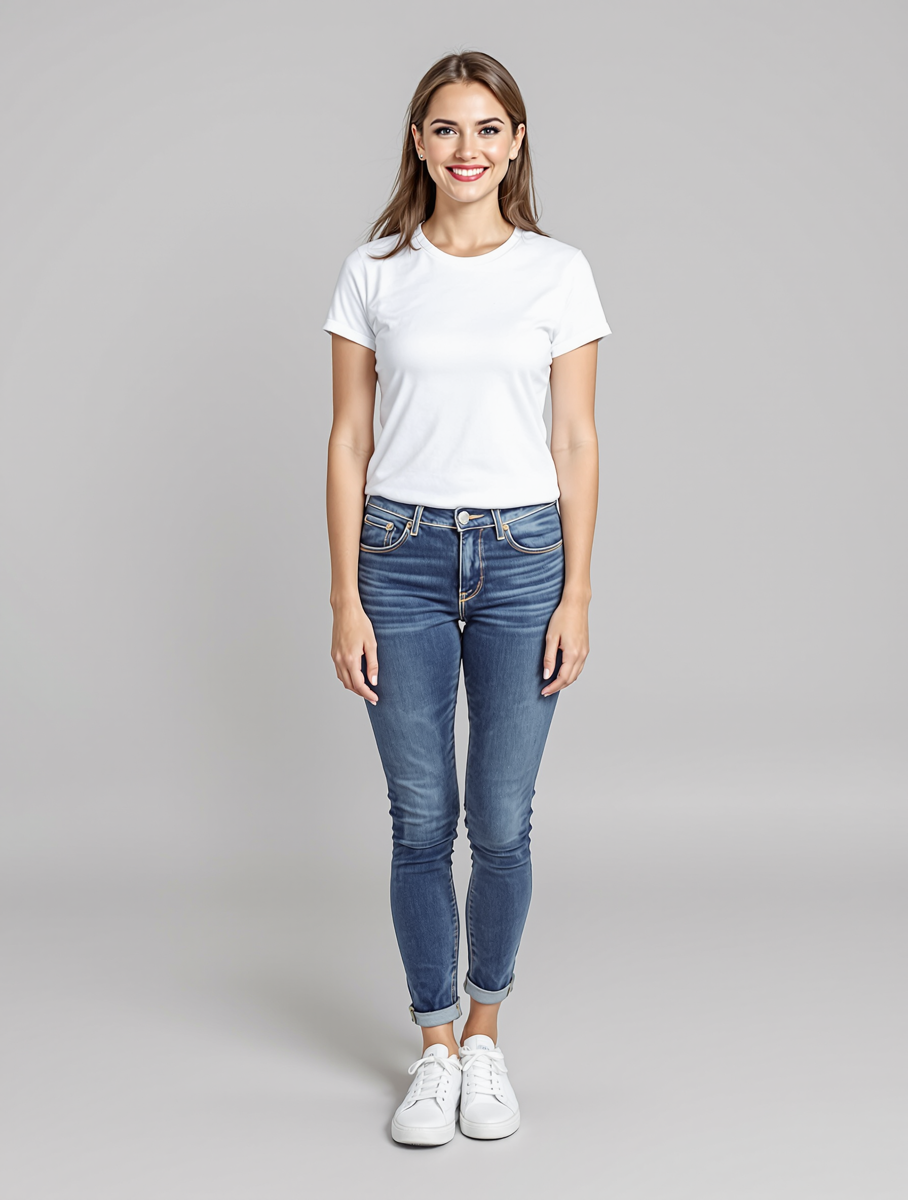 Woman in white t-shirt and rolled blue jeans with white sneakers