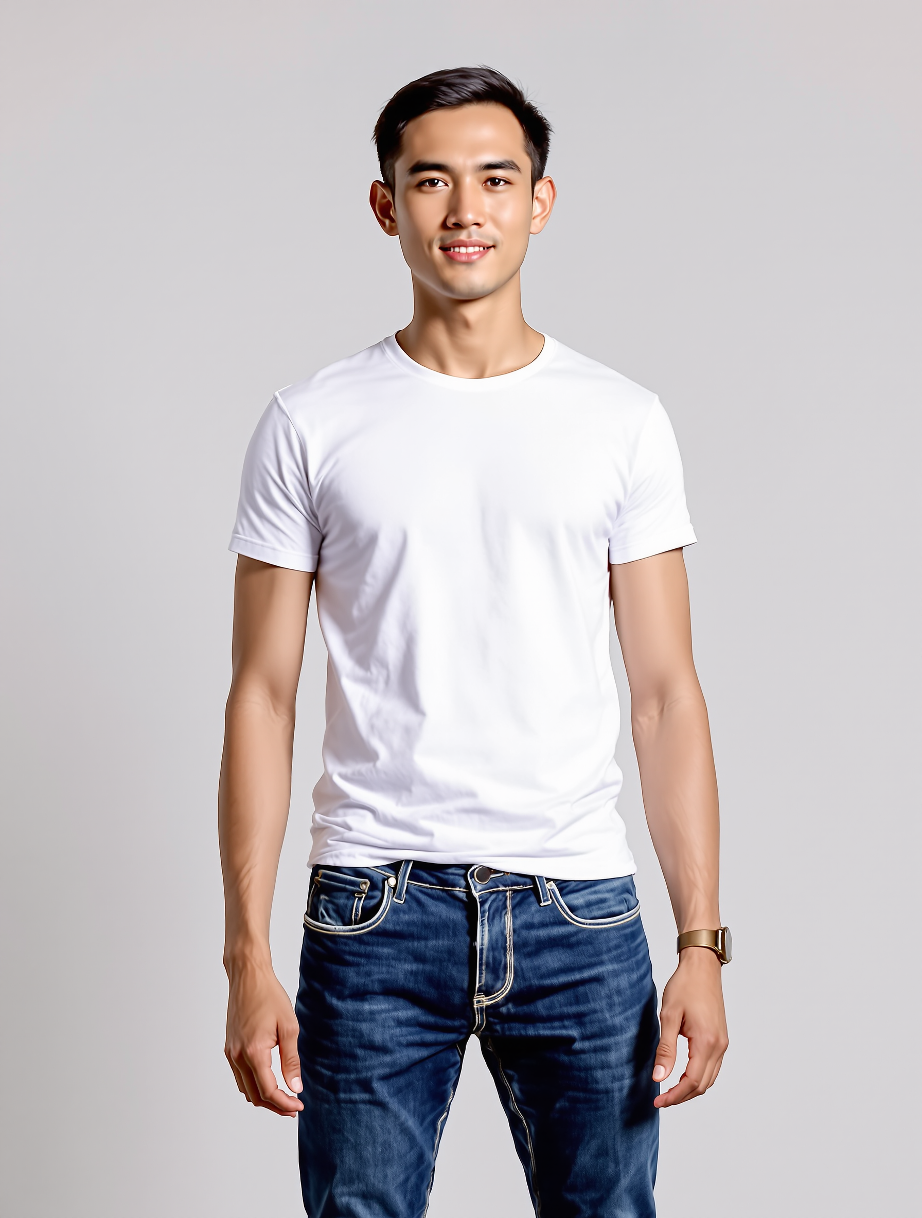 Young man in white t-shirt and dark jeans standing against gray background