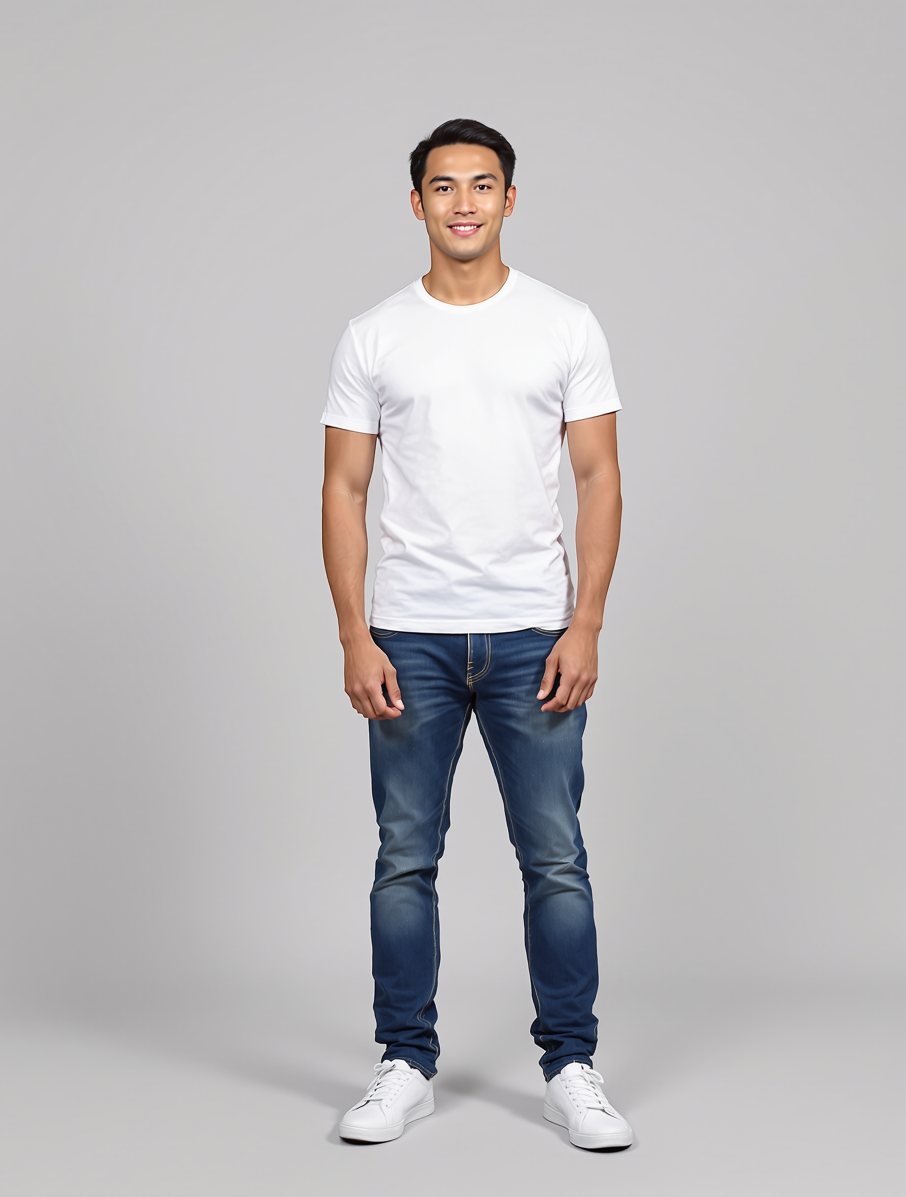 Man in white t-shirt and dark jeans with white sneakers