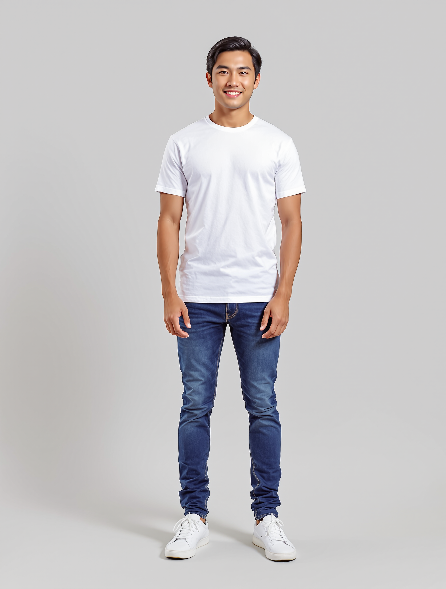 Man in white t-shirt and dark blue jeans standing against gray background
