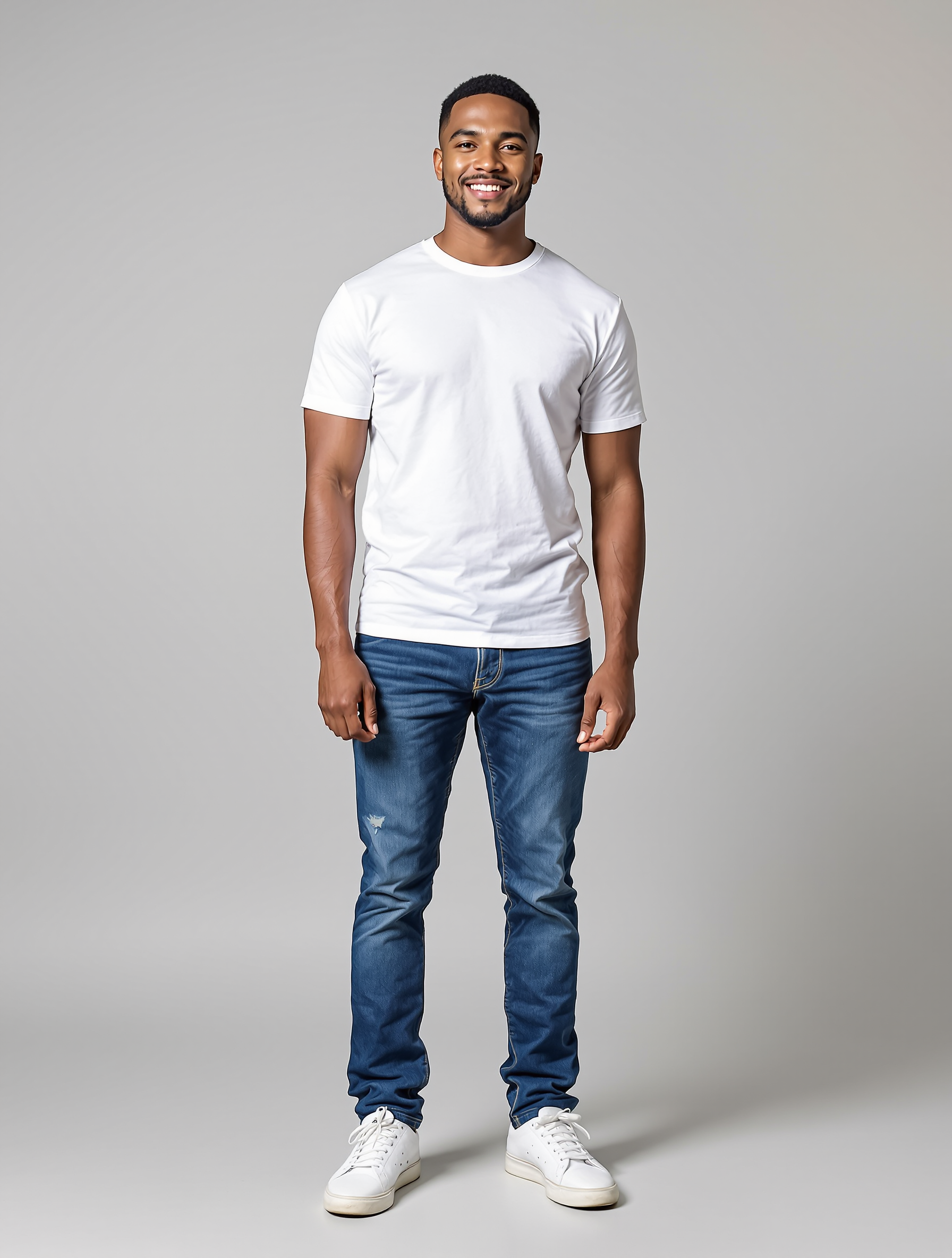 Man in white t-shirt and distressed blue jeans smiling at camera
