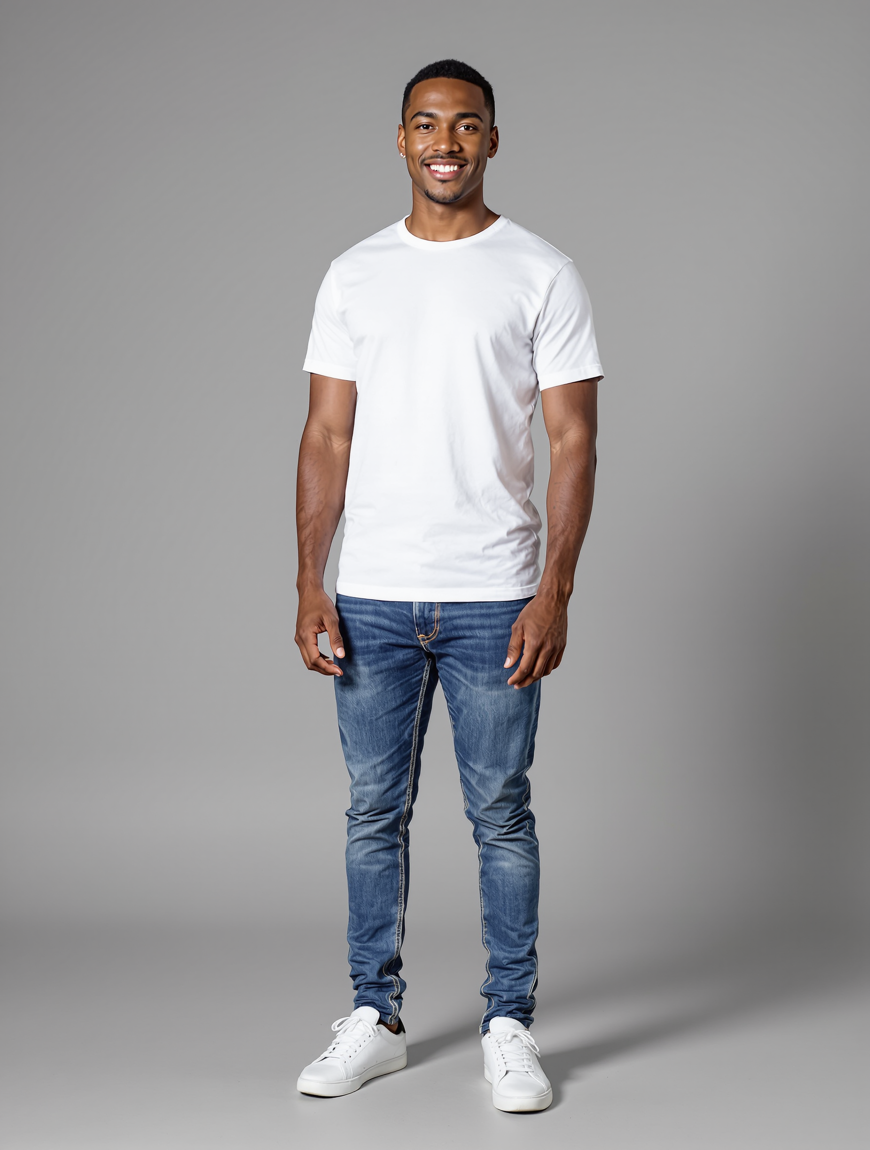 Man in white t-shirt and blue jeans smiling at camera