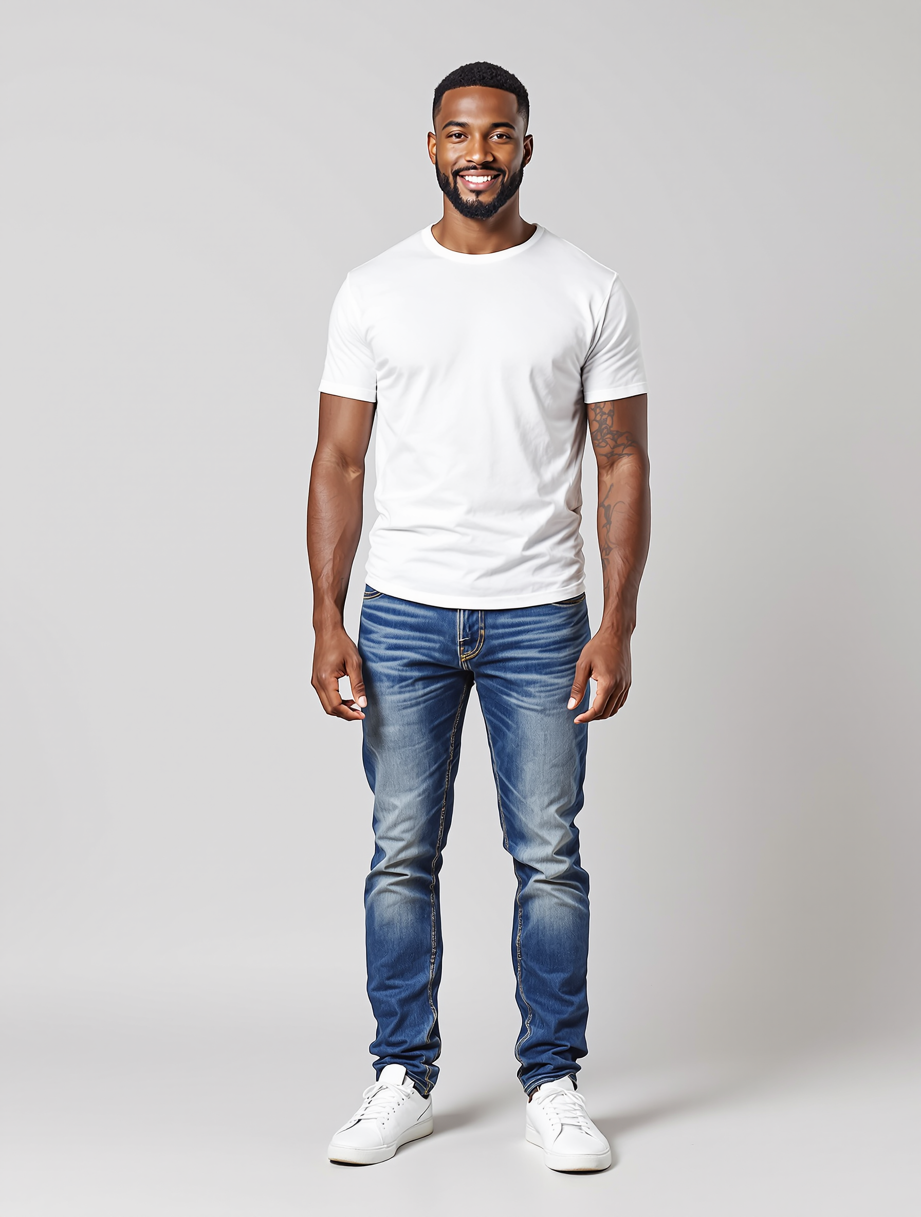Man in white t-shirt and blue jeans with white sneakers