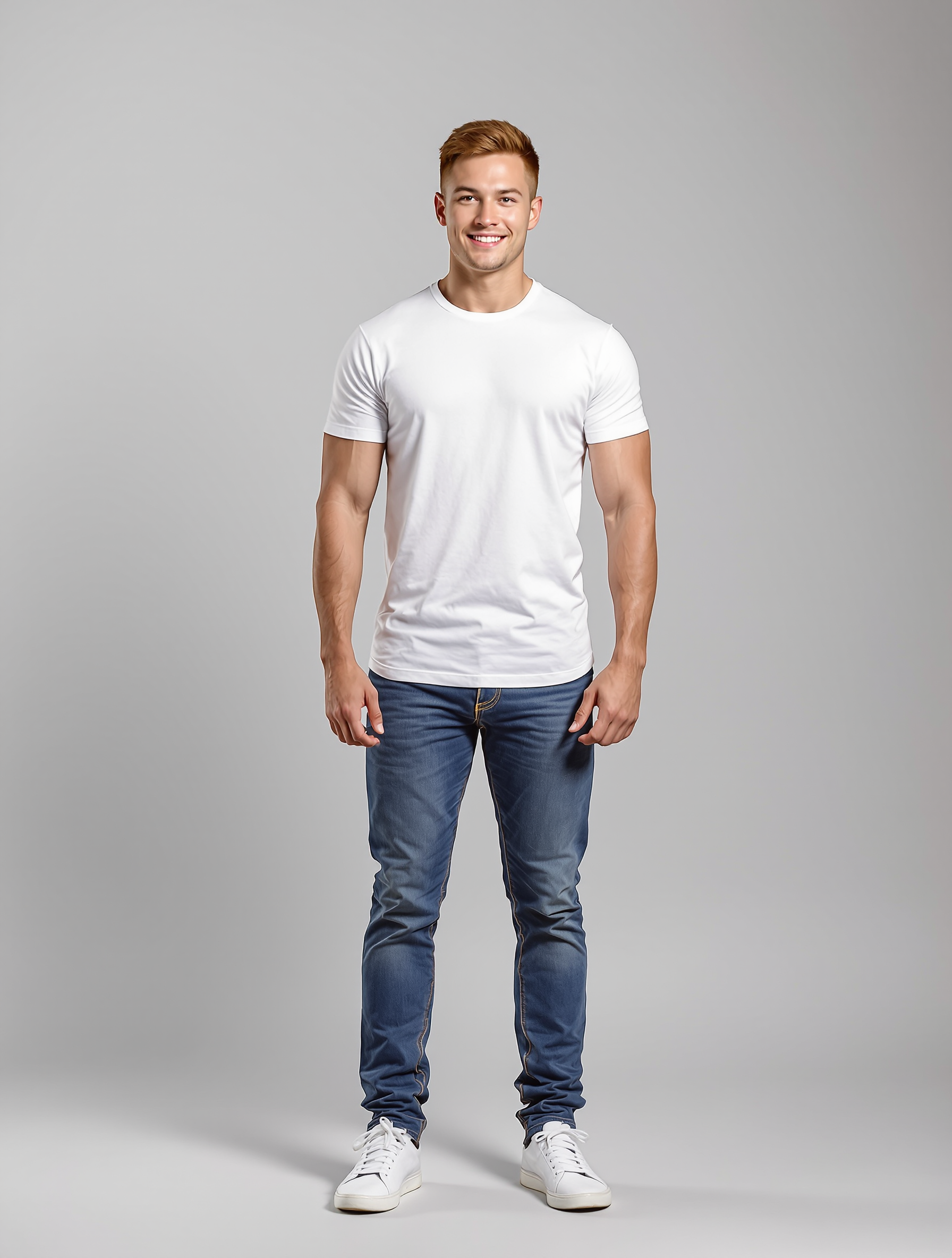 Man in white t-shirt and dark jeans smiling at camera