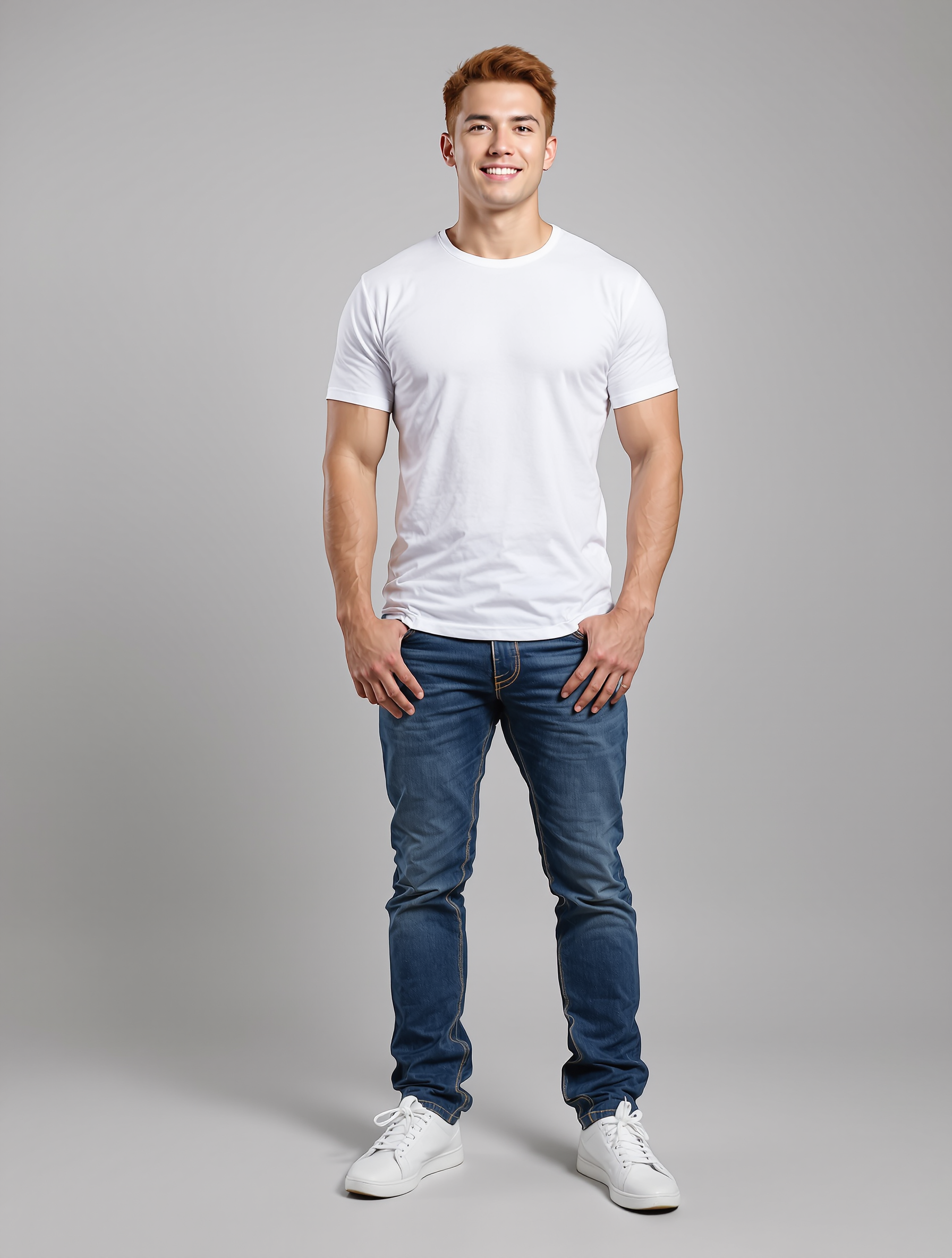 Man in white crew neck tee and dark jeans standing
