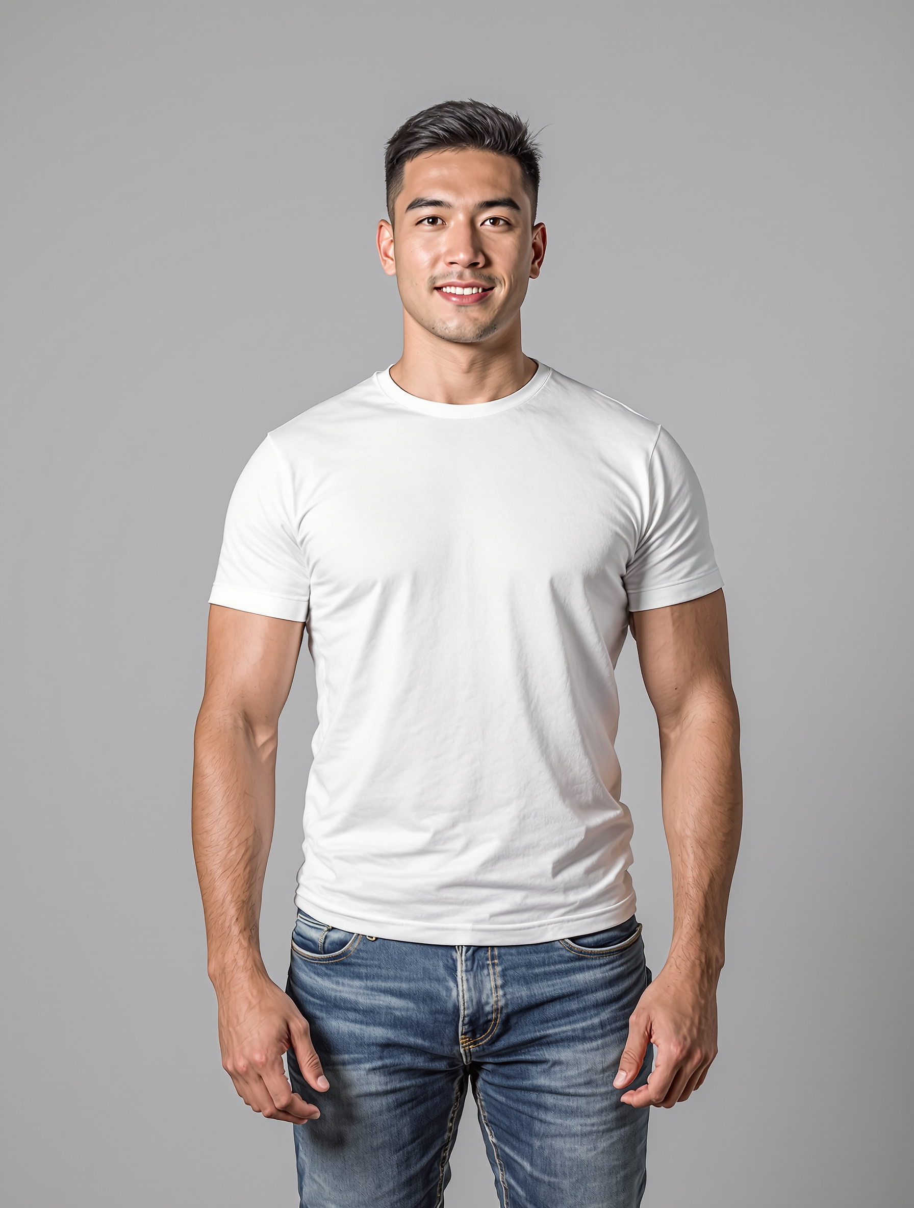 Man in white t-shirt and blue jeans smiling at camera