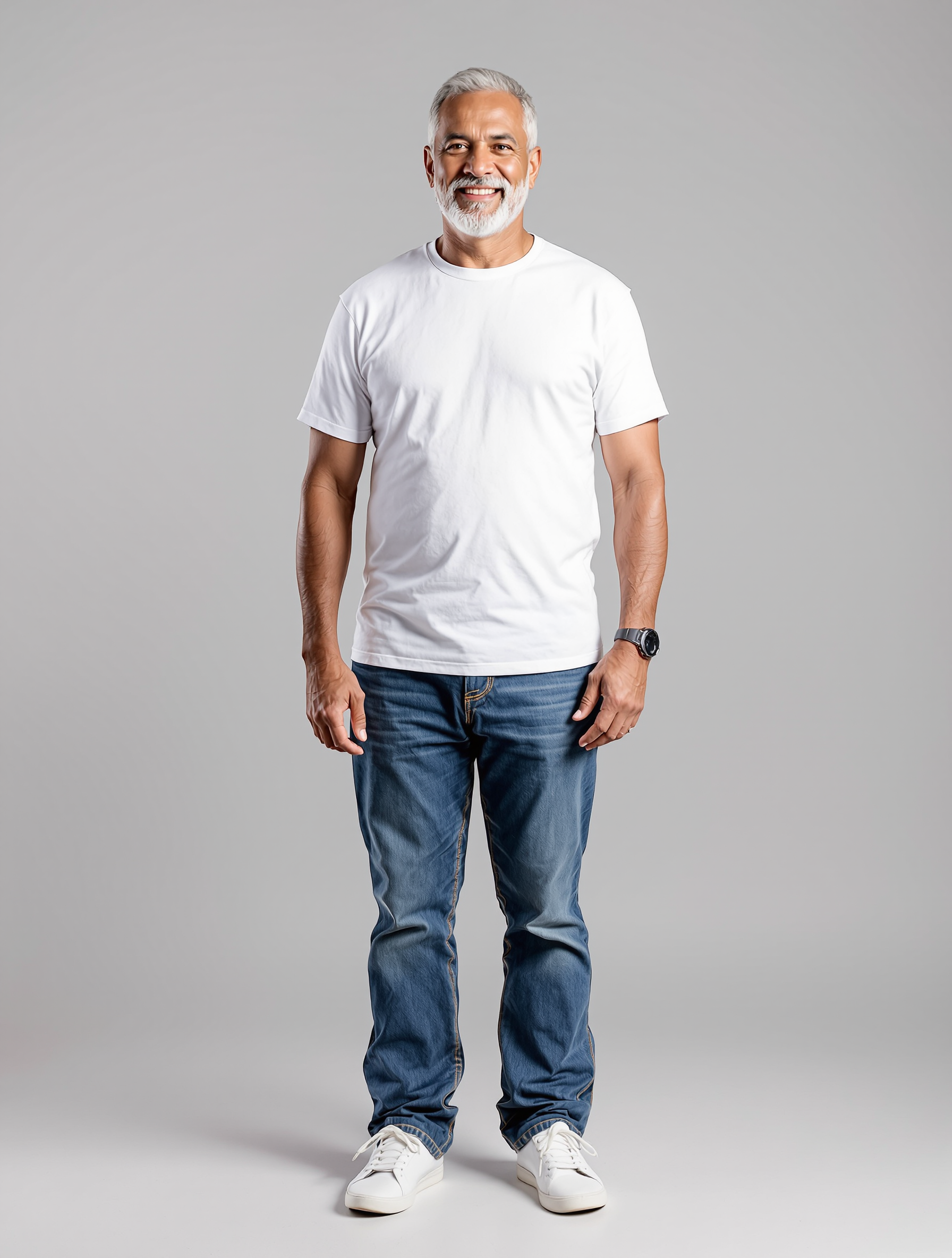 Older man with gray hair and beard smiling in white tee and jeans