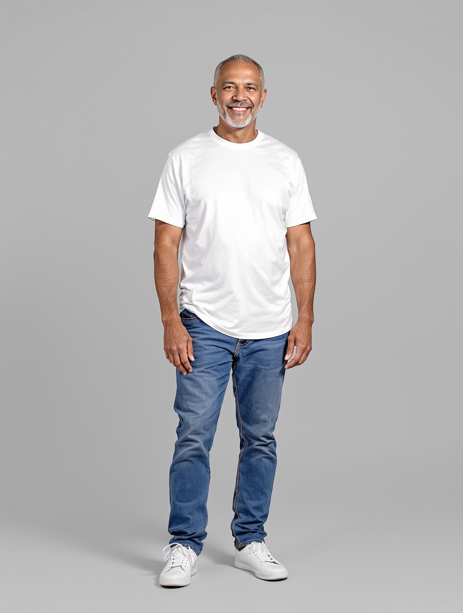 Man in white tee and blue jeans standing casually