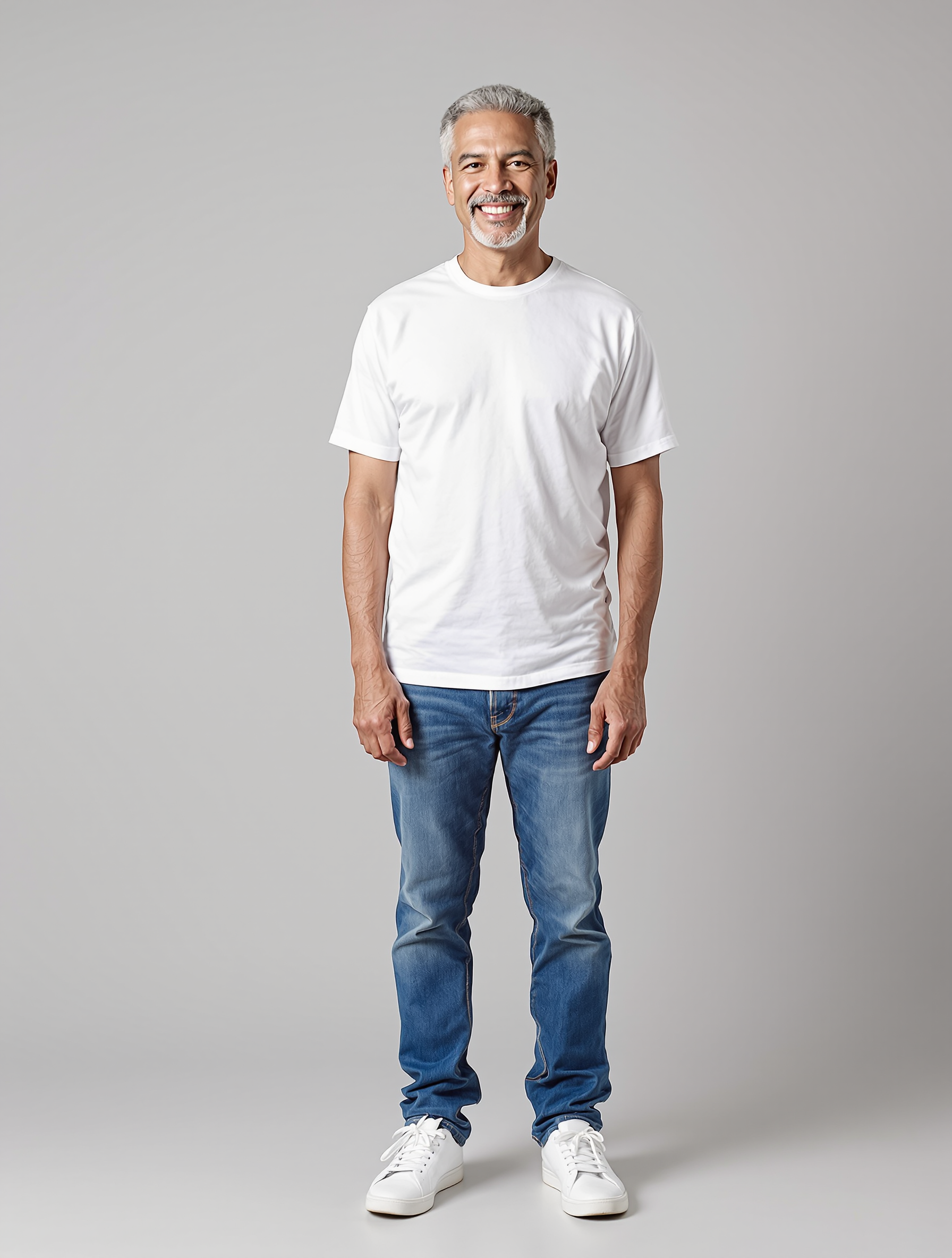 Man with gray hair in white t-shirt and blue jeans smiling
