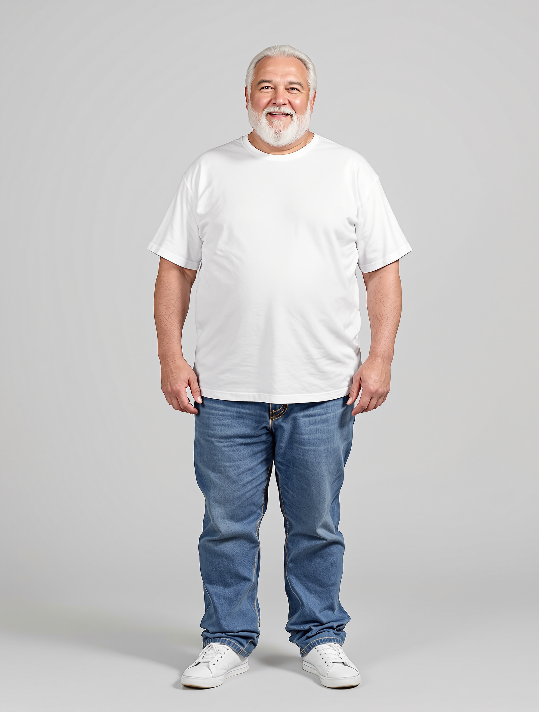 Man with gray beard in white t-shirt and jeans