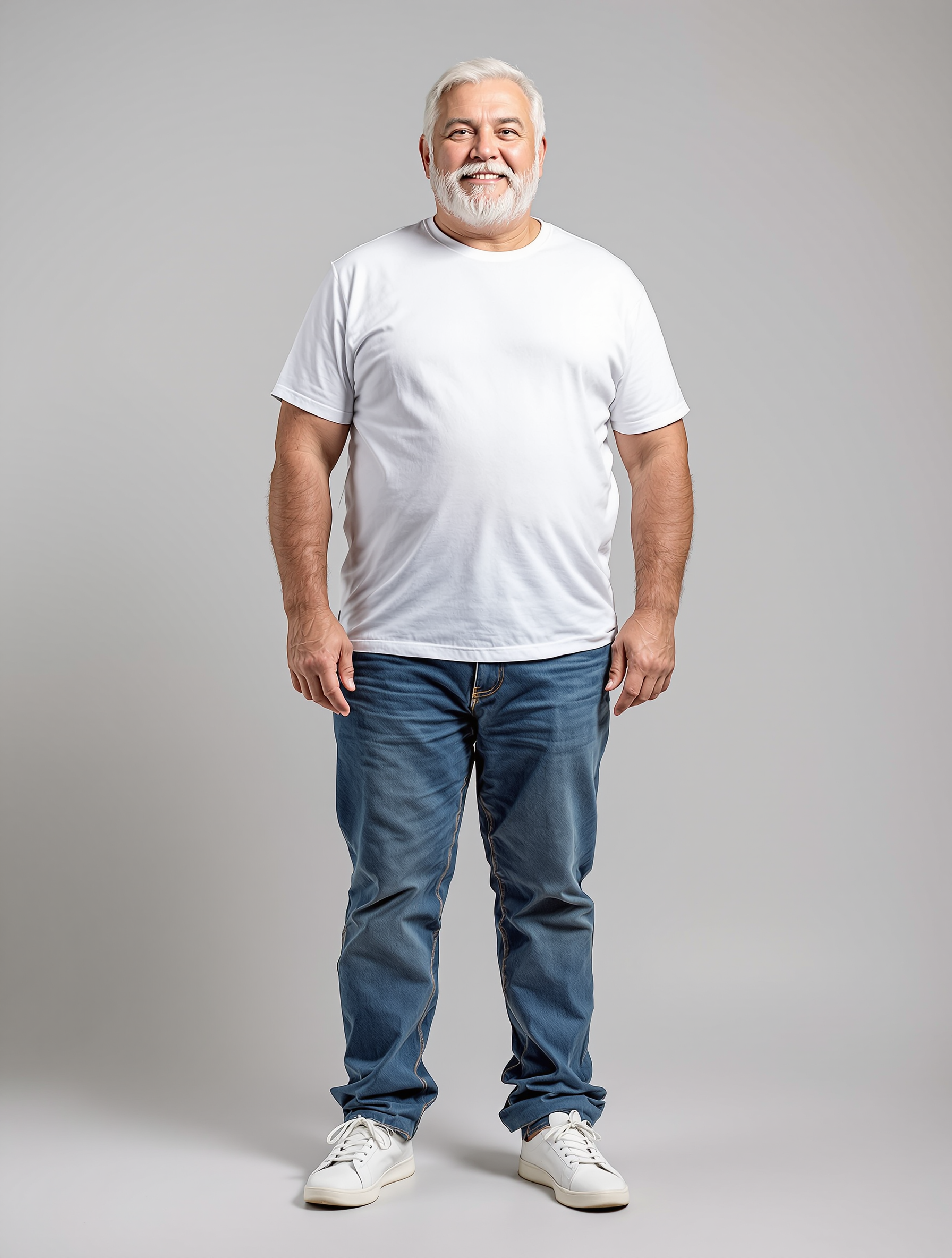 Man with white beard in white t-shirt and jeans standing