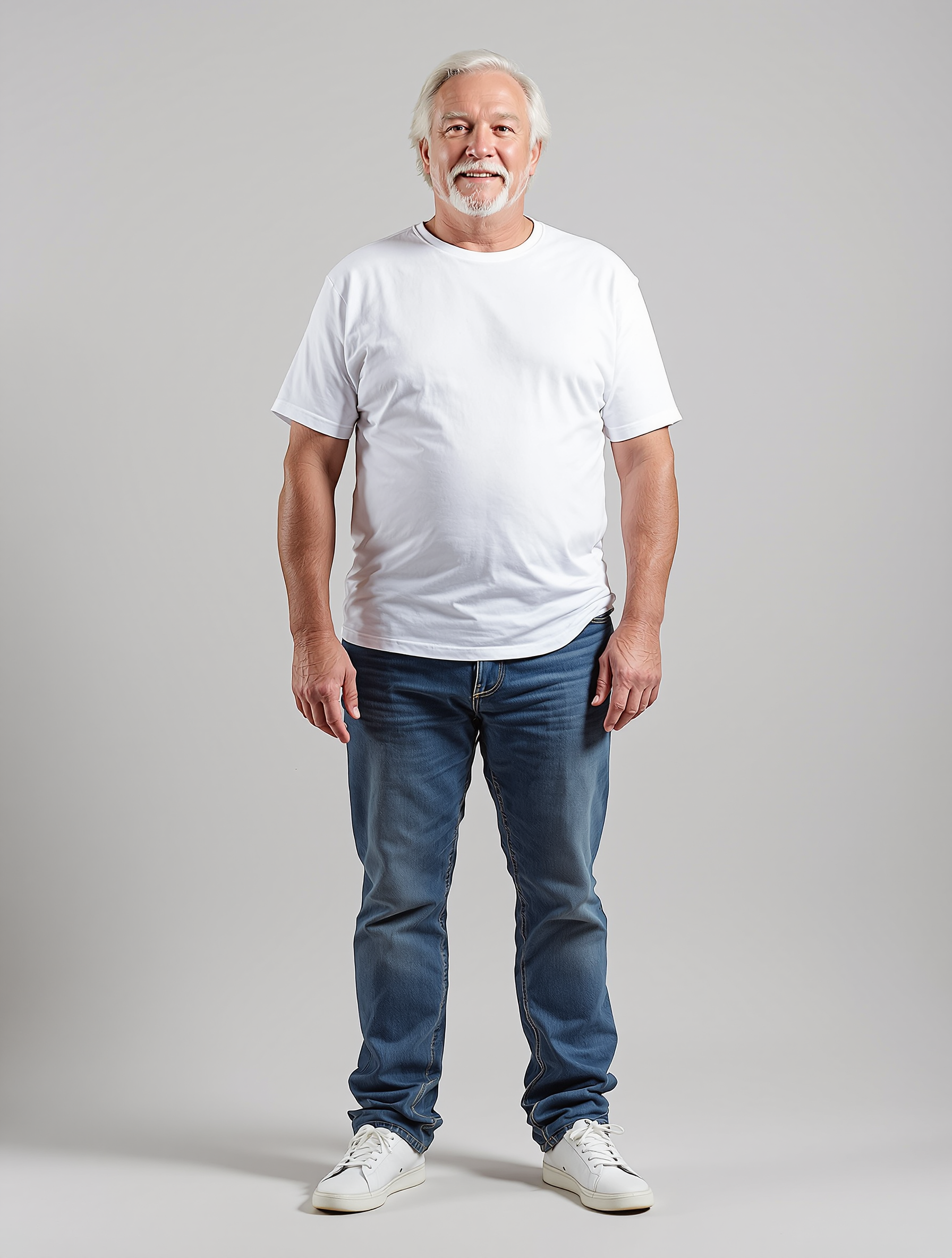 Older man in white t-shirt and blue jeans smiling at camera